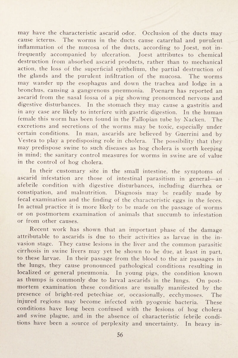 may have the characteristic ascarid odor. Occlusion of the ducts may cause icterus. The worms in the ducts cause catarrhal and purulent inflammation of the mucosa of the ducts, according to Joest, not in¬ frequently accompanied by ulceration. Joest attributes to chemical destruction from absorbed ascarid products, rather than to mechanical action, the loss of the superficial epithelium, the partial destruction of the glands and the purulent infiltration of the mucosa. The worms may wander up the esophagus and down the trachea and lodge in a bronchus, causing a gangrenous pneumonia. Poenaru has reported an ascarid from the nasal fossa of a pig showing pronounced nervous and digestive disturbances. In the stomach they may cause a gastritis and in any case are likely to interfere with gastric digestion. In the human female this worm has been found in the Fallopian tube by Nacken. The excretions and secretions of the worms may be toxic, especially under certain conditions. In man, ascarids are believed by Guerrini and by Vestea to play a predisposing role in cholera. The possibility that they may predispose swine to such diseases as hog cholera is worth keeping in mind; the sanitary control measures for worms in swine are of value in the control of hog cholera. In their customary site in the small intestine, the symptoms of ascarid infestation are those of intestinal parasitism in general—an afebrile condition with digestive disturbances, including diarrhea or constipation, and malnutrition. Diagnosis may be readily made by fecal examination and the finding of the characteristic eggs in the feces. In actual practice it is more likely to be made on the passage of worms or on postmortem examination of animals that succumb to infestation or from other causes. Recent work has shown that an important phase of the damage attributable to ascarids is due to their activities as larvae in the in¬ vasion stage. 1 hey cause lesions in the liver and the common parasitic cirrhosis in swine livers may yet be shown to be due, at least in part, to these larvae. In their passage from the blood to the air passages in the lungs, they cause pronounced pathological conditions resulting in localized or general pneumonia. In young pigs, the condition known as thumps is commonly due to larval ascarids in the lungs. On post¬ mortem examination these conditions are usually manifested by the presence of bright-red petechiae or, occasionally, ecchymoses. The injured regions may become infected with pyogenic bacteria. These conditions have long been confused with the lesions of hog cholera and swine plague, and in the absence of characteristic febrile condi¬ tions have been a source of perplexity and uncertainty. In heavy in-