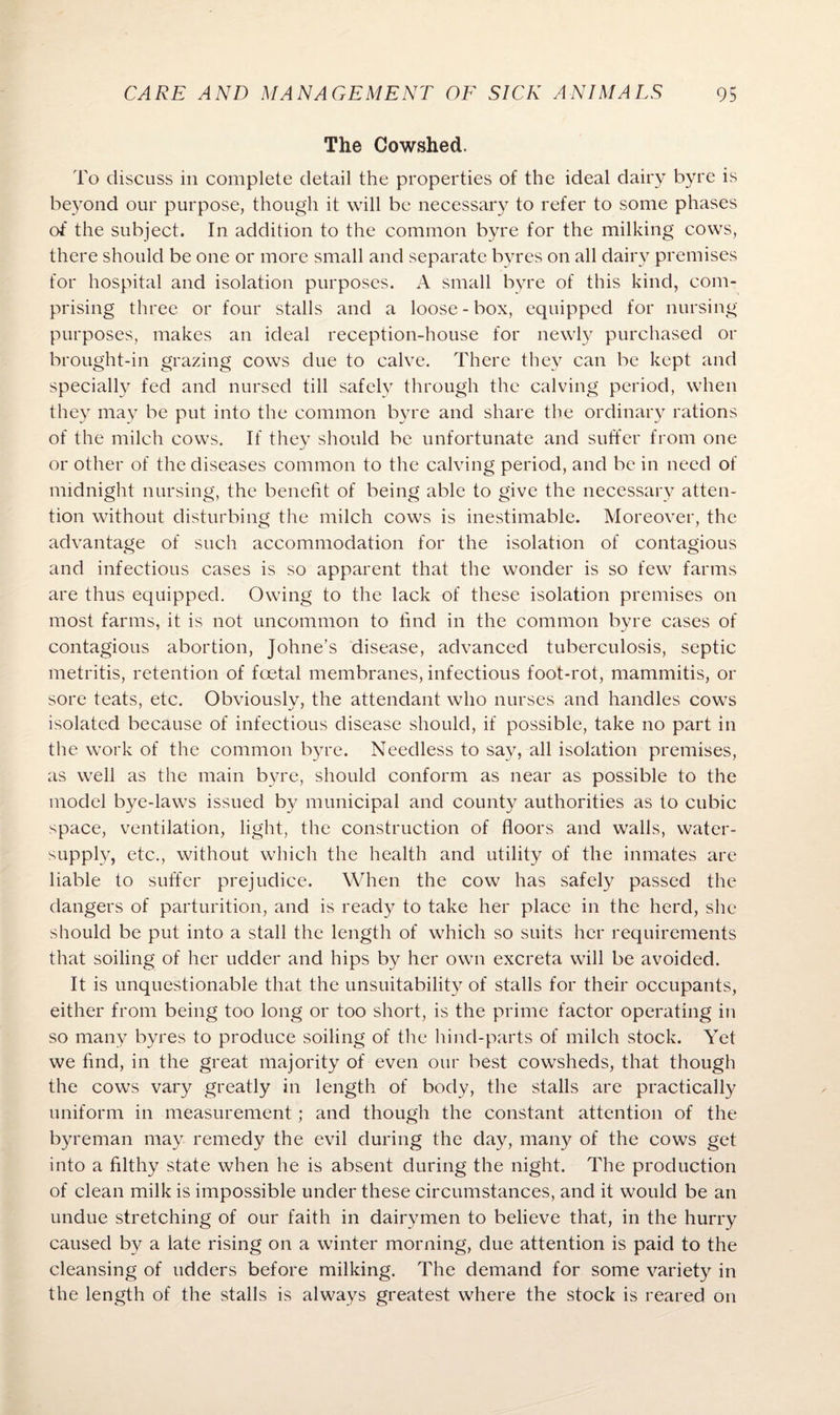 The Cowshed. To discuss in complete detail the properties of the ideal dairy byre is beyond our purpose, though it will be necessary to refer to some phases of the subject. In addition to the common byre for the milking cows, there should be one or more small and separate byres on all dairy premises for hospital and isolation purposes. A small byre of this kind, com¬ prising three or four stalls and a loose - box, equipped for nursing purposes, makes an ideal reception-house for newly purchased or brought-in grazing cows due to calve. There they can be kept and specially fed and nursed till safely through the calving period, when they may be put into the common byre and share the ordinary rations of the milch cows. If they should be unfortunate and suffer from one or other of the diseases common to the calving period, and be in need of midnight nursing, the benefit of being able to give the necessary atten¬ tion without disturbing the milch cows is inestimable. Moreover, the advantage of such accommodation for the isolation of contagious and infectious cases is so apparent that the wonder is so few farms are thus equipped. Owing to the lack of these isolation premises on most farms, it is not uncommon to find in the common byre cases of contagious abortion, Johne’s disease, advanced tuberculosis, septic metritis, retention of foetal membranes, infectious foot-rot, mammitis, or sore teats, etc. Obviously, the attendant who nurses and handles cows isolated because of infectious disease should, if possible, take no part in the work of the common byre. Needless to say, all isolation premises, as well as the main byre, should conform as near as possible to the model bye-laws issued by municipal and county authorities as to cubic space, ventilation, light, the construction of floors and walls, water- supply, etc., without which the health and utility of the inmates are liable to suffer prejudice. When the cow has safely passed the dangers of parturition, and is ready to take her place in the herd, she should be put into a stall the length of which so suits her requirements that soiling of her udder and hips by her own excreta will be avoided. It is unquestionable that the unsuitability of stalls for their occupants, either from being too long or too short, is the prime factor operating in so many byres to produce soiling of the hind-parts of milch stock. Yet we find, in the great majority of even our best cowsheds, that though the cows vary greatly in length of body, the stalls are practically uniform in measurement; and though the constant attention of the byreman may remedy the evil during the day, many of the cows get into a filthy state when he is absent during the night. The production of clean milk is impossible under these circumstances, and it would be an undue stretching of our faith in dairymen to believe that, in the hurry caused by a late rising on a winter morning, due attention is paid to the cleansing of udders before milking. The demand for some variety in the length of the stalls is always greatest where the stock is reared on