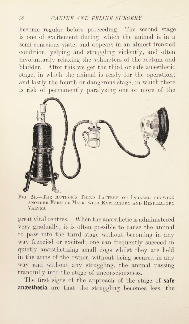 become regular before proceeding. The second stage is one of excitement during which the animal is in a semi-conscious state, and appears in an almost frenzied condition, yelping and struggling violently, and often involuntarily relaxing the sphincters of the rectum and bladder. After this we get the third or safe anaesthetic stage, in which the animal is ready for the operation; and lastly the fourth or dangerous stage, in which there is risk of permanently paralyzing one or more of the Fig. 24.—The Author's Third Pattern oe Inhaler showing another Form of Mask with Expiratory and Respiratory Valves. great vital centres. When the anaesthetic is administered very gradually, it is often possible to cause the animal to pass into the third stage without becoming in any way frenzied or excited; one can frequently succeed in quietly anaesthetizing small dogs whilst they are held in the arms of the owner, without being secured in any way and without any struggling, the animal passing tranquilly into the stage of unconsciousness. The first signs of the approach of the stage of safe anaesthesia are that the struggling becomes less, the