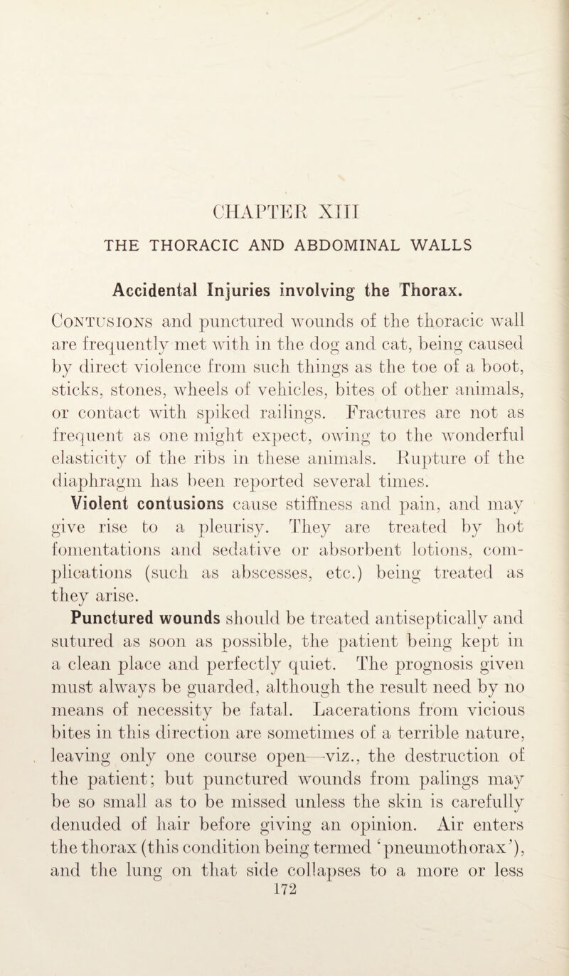 CHAPTER XIII THE THORACIC AND ABDOMINAL WALLS Accidental Injuries involving the Thorax. Contusions and punctured wounds of the thoracic wall are frequently met with in the dog and cat, being caused by direct violence from such things as the toe of a boot, sticks, stones, wheels of vehicles, bites of other animals, or contact with spiked railings. Fractures are not as frequent as one might expect, owing to the wonderful elasticity of the ribs in these animals. Rupture of the diaphragm has been reported several times. Violent contusions cause stiffness and pain, and may give rise to a pleurisy. They are treated by hot fomentations and sedative or absorbent lotions, com¬ plications (such as abscesses, etc.) being treated as they arise. Punctured wounds should be treated antisepticallv and sutured as soon as possible, the patient being kept in a clean place and perfectly quiet. The prognosis given must always be guarded, although the result need by no means of necessity be fatal. Lacerations from vicious bites in this direction are sometimes of a terrible nature, leaving only one course open—viz., the destruction of the patient; but punctured wounds from palings may be so small as to be missed unless the skin is carefully denuded of hair before giving an opinion. Air enters the thorax (this condition being termed 'pneumothorax'), and the lung on that side collapses to a more or less