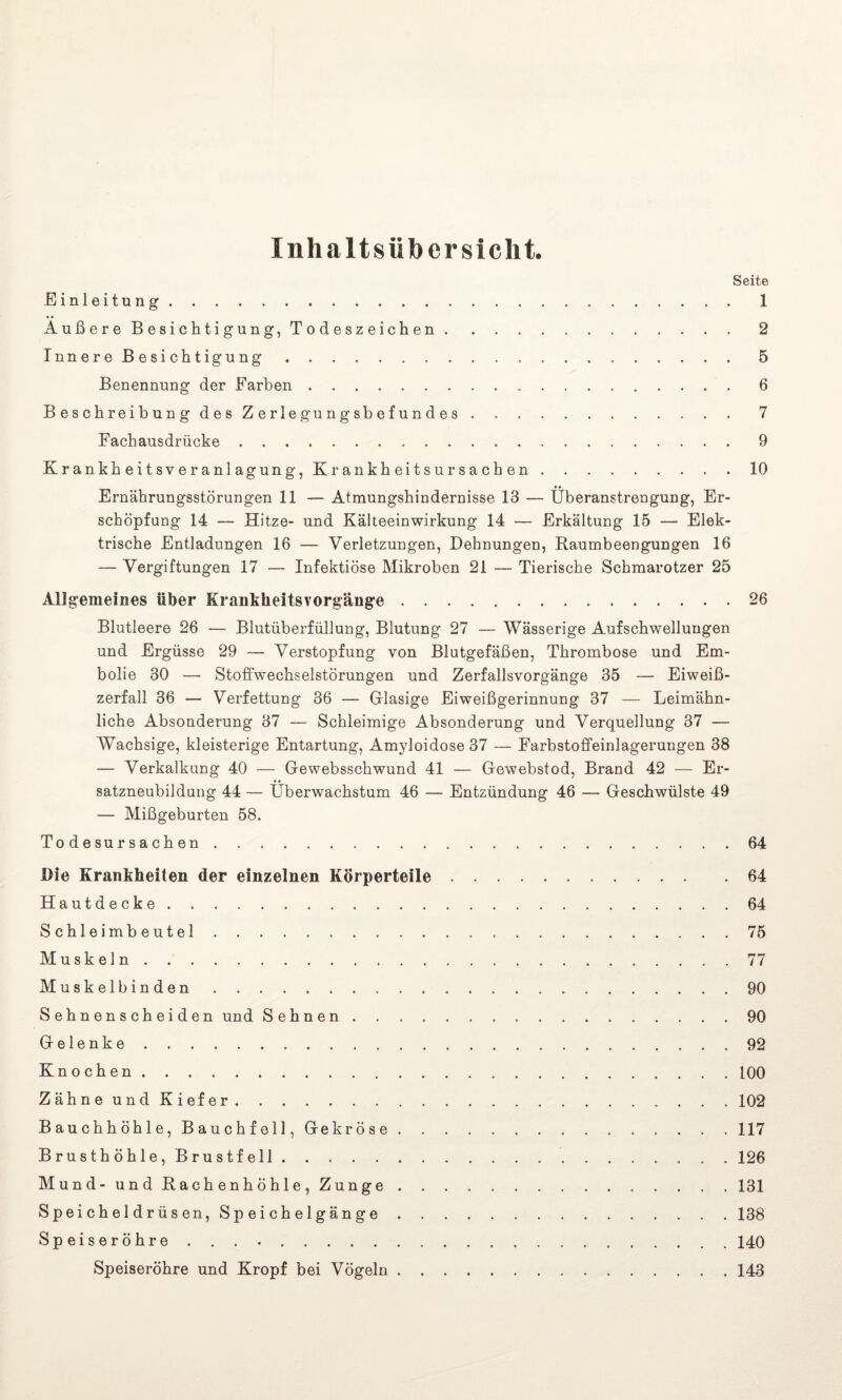 Inhaltsübersicht. Seite Einleitung.1 Äußere B e s i c h t i g u n g, Todeszeichen.2 Inn er e B e s i ch tigu ng.5 Benennung der Farben.6 Beschreibung des Zerlegungsbefundes.7 Fachausdrücke.9 K r an kh ei t sv e r anl agun g, Kr an kh ei t s u r s a ch en.10 Ernährungsstörungen 11 — Atmungshindernisse 13 — Überanstrengung, Er¬ schöpfung 14 — Hitze- und Kälteeinwirkung 14 — Erkältung 15 — Elek¬ trische Entladungen 16 — Verletzungen, Dehnungen, Raumbeengungen 16 — Vergiftungen 17 — Infektiöse Mikroben 21 — Tierische Schmarotzer 25 Allgemeines über Krankheitsvorgänge.26 Blutleere 26 — Blutüberfüllung, Blutung 27 — Wässerige Aufschwellungen und Ergüsse 29 — Verstopfung von Blutgefäßen, Thrombose und Em¬ bolie 30 —• Stoffwechselstörungen und Zerfallsvorgänge 35 — Eiweiß¬ zerfall 36 — Verfettung 36 — Glasige Eiweißgerinnung 37 — Leimähn¬ liche Absonderung 37 — Schleimige Absonderung und Verquellung 37 — Wachsige, kleisterige Entartung, Amyloidose 37 — Farbstoffeinlagerungen 38 — Verkalkung 40 — Gewebsschwund 41 — Gewebstod, Brand 42 — Er¬ satzneubildung 44 — Überwachstum 46 — Entzündung 46 — Geschwülste 49 — Mißgeburten 58. Todesursachen.64 Die Krankheiten der einzelnen Körperteile.64 Hautdecke.64 Schleimbeutel.75 Muskeln.77 Muskelbinden.90 Sehnenscheiden und Sehnen.90 Gelenke.92 Knochen.100 Zähne und Kiefer.102 Bauchhöhle, Bauchfell, Gekröse. 117 Brusthöhle, Brustfell.126 Mund- und Rachenhöhle, Zunge.131 Speicheldrüsen, Speichelgänge.138 Speiseröhre . . . 140 Speiseröhre und Kropf bei Vögeln.143