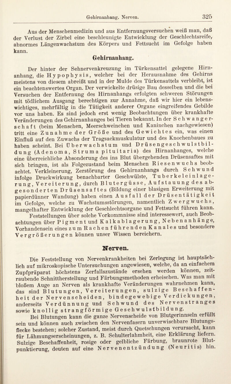 Aus der Menschenmedizin und aus Entfernungsversuchen weiß man, daß der Verlust der Zirbel eine beschleunigte Entwicklung der Geschlechtsreife, abnormes Längenwachstum des Körpers und Fettsucht im Gefolge haben kann. Gehirnanhang. Der hinter der Sehnervenkreuzung im Türkensattel gelegene Hirn¬ anhang, die Hypophysis, welcher bei der Herausnahme des Gehirns meistens von diesem abreißt und in der Mulde des Türkensattels verbleibt, ist ein beachtenswertes Organ. Der verwickelte drüsige Bau desselben und die bei Versuchen der Entfernung des Hirnanhangs erfolgten schweren Störungen mit tödlichem Ausgang berechtigen zur Annahme, daß wir hier ein lebens¬ wichtiges, mehrfältig in die Tätigkeit anderer Organe eingreifendes Gebilde vor uns haben. Es sind jedoch erst wenig Beobachtungen über krankhafte Veränderungen des Gehirnanhanges bei Tieren bekannt. In der Schwanger¬ schaft (beim Menschen, Meerschweinchen und Kaninchen nachgewiesen) tritt eine Zunahme der Größe und des Gewichtes ein, was einen Einfluß auf den Zuwachs der Tragsackmuskulatur und des Knochenbaues zu haben scheint. Bei Überwachstum und Drüsengeschwulstbil¬ dung (Adenoma, Struma pituitaria) des Hirnanhanges, welche eine überreichliche Absonderung des ins Blut übergehenden Drüsensaftes mit sich bringen, ist als Folgezustand beim Menschen Riesenwuchs beob¬ achtet. Verkleinerung, Zerstörung des Gehirnanhangs durch Schwund infolge Druckwirkung benachbarter Geschwülste, Tuberkeleinlage¬ rung, Vereiterung, durch Blutergüsse, Aufstauung des ab¬ gesonderten Drüsensaftes (Bildung einer blasigen Erweiterung mit papierdünner Wandung) haben einen Ausfall der Drüsentätigkeit im Gefolge, welche zu Wachstumsstörungen, namentlich Zwergwuchs, mangelhafter Entwicklung der Geschlechtsorgane und Fettsucht führen kann. Feststellungen über solche Vorkommnisse sind interessewert, auch Beob¬ achtungen über Pigment und Kalkablagerung, Nebenanhänge, Vorhandensein eines zum Rachen führenden K anales und besondere Vergrößerungen können unser Wissen bereichern. Nerven. Die Feststellung von Nervenkrankheiten bei Zerlegung ist hauptsäch¬ lich auf mikroskopische Untersuchungen angewiesen, welche, da an einfachem Zupfpräparat höchstens Zerfallszustände ersehen werden können, zeit¬ raubende Schnittherstellung und Färbungsmethoden erheischen. Was man mit bloßem Auge an Nerven als krankhafte Veränderungen wahrnehmen kann, das sind Blutungen, Vereiterungen, sulzige Beschaffen¬ heit der Nervenscheiden, bindegewebige Verdickungen, anderseits Verdünnung und Schwund des Nervenstranges sowie knollig s tr angf ör mige Geschwulstbildung. Bei Blutungen kann die ganze Nervenscheide von Blutgerinnseln erfüllt sein und können auch zwischen den Nervenfasern unverwischbare Blutungs- Hecke bestehen; solcher Zustand, meist durch Quetschungen verursacht, kann für Lähmungserscheinungen, z. B. Schulterlahmheit, eine Erklärung liefern. Sulzige Beschaffenheit, rosige oder gelbliche Färbung, braunrote Blut¬ punktierung, deuten auf eine Nervenentzündung (Neuritis) hin.