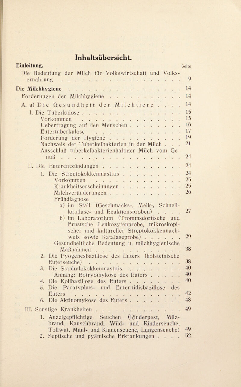 Inhaltsübersicht Einleitung, Seite Die Bedeutung der Milch für Volkswirtschaft und Volks¬ ernährung .9 Die Milchhygiene. 14 Forderungen der Milchhygiene.14 A. a)Die Gesundheit der Milch tiere . . . . 14 I. Die Tuberkulose ..15 Vorkommen .15 Uebertragung auf den Menschen ........ Ib Eutertuberkulose .1^ Forderung der Hygiene.19 Nachweis der Tuberkelbakterien in der Milch ... 21 Ausschluß tuberkelbakterienhaltiger Milch vom Ge¬ nuß .,.24 II. Die Euterentzündungen.24 1. Die Streptokokkenmastitis.24 Vorkommen .25 Krankheitserscheinungen.25 Milchveränderungen.26 Frühdiagnose a) im Stall (Geschmacks-, Melk-, Schnell¬ katalase- und Reaktionsproben) .... 27 b) im Laboratorium (Trommsdorffsche und Ernstsche Leukozytenprobe, mikroskopi¬ scher und kultureller Streptokokkennach¬ weis sowie Katalaseprobe).26 Gesundheitliche Bedeutung u. milchhygienische Maßnahmen.38 2. Die Pyogenesbazillose des Euters (holsteinische Euterseuche).38 3. Die Staphylokokkenmastitis.40 Anhang: Botryomykose des Euters.40 4. Die Kolibazillose des Euters.40 5. Die Paratyphus- und Enteritidisbazillose des Euters .42 6. Die Aktinomykose des Euters.48 III. Sonstige Krankheiten.49 1. Anzeigepflichtige Seuchen (Rinderpest, Milz¬ brand, Rauschbrand, Wild- und Rinderseuche, Tollwut, Maul- und Klauenseuche, Lungenseuche) 49