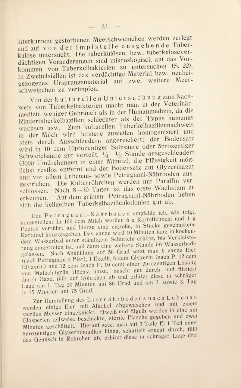 interkurrent gestorbenen Meerschweinchen werden zerlegt und auf von der Impfstelle ausgehende Tuber¬ kulose untersucht. Die tuberkulösen, bzw. tuberkulosever¬ dächtigen Veränderungen sind mikroskopisch auf das Vor¬ kommen von Tuberkelbakterien zu untersuchen (S. 22). In Zweifelsfällen ist das verdächtige Material bzw. n^ut)ei- gezogenes Ursprungsmaterial auf zwei weitere Meer¬ schweinchen zu verimpfen. Von der k u 11 u r e 11 e n U n t e r s u c li u 11 g zum Nach¬ weis von Tuberkelbakterien macht man in der Veterinär¬ medizin weniger Gebrauch als in der Humanmedizin, da die Rindertuberkelbazillen schlechter als der Typus humanus wachsen usw. Zum kulturellen Tuberkelbazillennachweis in der Milch wird letztere zuweilen homogenisiert und stets durch Ausschleudern angereichert; der Bodensatz wird in 10 ccm lOprozentiger Salzsäure oder Sprozentiger Schwefelsäure gut verteilt, 1/4—14 Stunde ausgeschleudert (3000 Umdrehungen in einer Minute), die Flüssigkeit mög¬ lichst restlos entfernt und der Bodensatz auf Glyzerinagar und vor allem Lubenau- sowie Petragnani-Nährboden aus¬ gestrichen. Die Kulturröhrchen werden mit Paraffin ver¬ schlossen. Nach 8-30 Tagen ist das erste Wachstum zu erkennen. Auf dem grünen Petragnani-Nahrboden heben sich die hellgelben Tuberkelbazillenkolonien gut ab. Den P e t r a g n a II i - N ä h r b 0 d e n empfehle ich, wie folgt, herzustellen: In 150 ccm Milch werden 6 g Kartoffelmehl und 1 g Pepton verrührt und hierzu eine eigroße, in Stücke geschni ene Kartoffel hinzugegeben. Das ganze wird 10 Minuten lang m kochen¬ dem Wasserbad unter ständigem Schütteln ^^^itzt, bis Verkleis e- rung eingetreten ist, und dann eine weitere Stunde im Wasserba gelassen Nach Abkühlung auf 50 Grad setzt man 6 ganze E.e. mach Petragnani 4 Eier), 1 Eigeib, 8 ccm Glyzerin (nach P. 12 ccm Glyzerin) und 12 ccm (nach P. 10 ccm) einer 2prozentigen Losung von Malachitgrün Höchst hinzu, mischt gut durch und filtriert durch Gaze, füllt auf Röhrchen ab und erhitzt diese m schragei Lage am 1. Tag 20 Minuten auf 80 Grad und am 2. sowie 3. Tag je 15 Minuten auf /5 Grad. Zur Herstellung des E i e r n ä h r b o d e ti s ii a c h L u b e n a ii werden einige Eier mit Alkohol abgewaschen und mit einem sterilen Messer eingeknickt. Eiweiß und Eigelb werden in eine mit Glasperlen teilweise beschickte, sterile ® Minuten geschüttelt. Hierauf setzt man auf 3 Teile E Sprozentigen Glyzerinbouillon hinzu, schüttelt erneut durch, ful das Gemisch in Röhrchen ab, erhitzt diese in schräger Lage drei