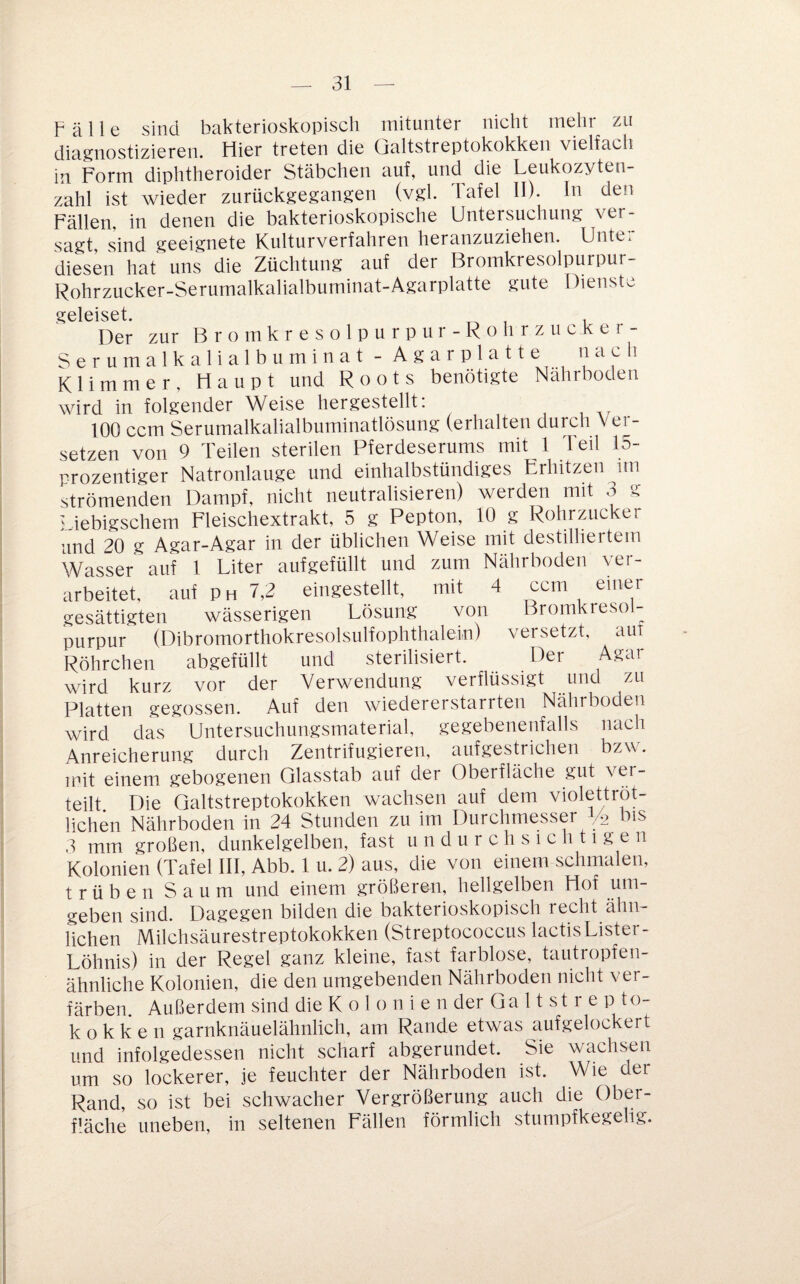 Fälle sind bakterioskopisch mitunter nicht mehr zu diagnostizieren. Hier treten die Cjaltstreptokokken vielfach in Form diphtheroider Stäbchen auf, und die Leukozyten¬ zahl ist wieder zurückgegangen (vgl. Tafel II). In den Fällen, in denen die bakterioskopische Untersuchung ver¬ sagt, sind geeignete Kulturverfahren heranzuziehen. Unter diesen hat uns die Züchtung auf der Bromkresolpurpur- Rohrzucker-Serumalkalialbuminat-Agarplatte gute Dienste geleiset. Der zur Bromkresolpurpur-Rohrzucker- S e r u m a 1 k a 1 i a 1 b u m i n a t - A g a r p 1 a 11 e nach Klimme r, Haupt und Roots benötigte Nährboden wird in folgender Weise hergestellt. 100 ccm Serumalkalialbuminatlösung (erhalten durch \ ei^- setzen von 9 Teilen sterilen Pferdeserums mit 1 Teil 15- prozentiger Natronlauge und einhalbstündiges Erhitzen im strömenden Dampf, nicht neutralisieren) werden mit 3 g i iebigschem Fleischextrakt, 5 g Pepton, 10 g Rohrzuckei und 20 g Agar-Agar in der üblichen Weise mit destilliertem Wasser auf 1 Liter aufgefüllt und zum Nährboden ver¬ arbeitet, auf PH 7,2 eingestellt, mit 4 ccm einer gesättigten wässerigen Lösung von Bromkresol- purpur (Dibromorthokresolsulfophthalein) versetzt, aut Röhrchen abgefüllt und sterilisiert. Der Agar wird kurz vor der Verwendung verflüssigt und zu Platten gegossen. Auf den wiedererstarrten Nährboden wird das Untersuchungsmaterial, gegebenenfalls nach Anreicherung durch Zentrifugieren, aufgestrichen bzw. mit einem gebogenen Qlasstab auf der Oberfläche gut teilt Die Qaltstreptokokken wachsen auf dem violettröt¬ lichen Nährboden in 24 Stunden zu im Durchmesser /2 bis 3 mm großen, dunkelgelben, fast undurchsichtigen Kolonien (Tafel III, Abb. 1 u. 2) aus, die von einem schmalen, trüben Saum und einem größeren, hellgelben Hof um¬ geben sind. Dagegen bilden die bakterioskopisch recht ähn¬ lichen Milchsäurestreptokokken (Streptococcus lactisLister- Löhnis) in der Regel ganz kleine, fast farblose, tautropfen¬ ähnliche Kolonien, die den umgebenden Nährboden nicht ver¬ färben. Außerdem sind die K o 1 o n i e n der Ga 11 st r e p to- k o k k e n garnknäuelähnlich, am Rande etwas aufgelockert und infolgedessen nicht scharf abgerundet. Sie wachsen um so lockerer, je feuchter der Nährboden ist. Wie der Rand, so ist bei schwacher Vergrößerung auch die Ober¬ fläche uneben, in seltenen Fällen förmlich stumpfkegelig.