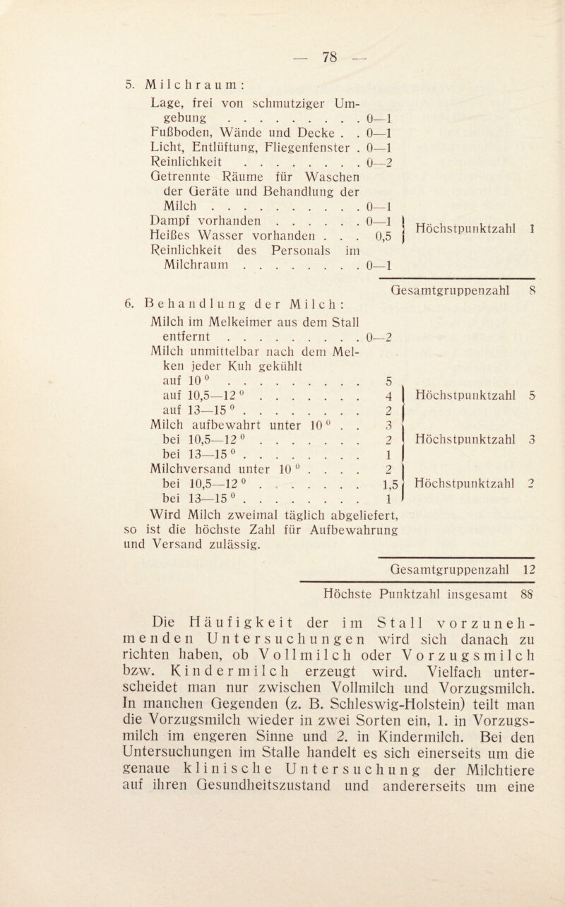 5. Milchraum: Lage, frei von schmutziger Um¬ gebung .0—1 Fußboden, Wände und Decke . . 0—1 Licht, Entlüftung, Fliegenfenster . 0—1 Reinlichkeit .0—2 Getrennte Räume für Waschen der Geräte und Behandlung der Milch.0—1 Dampf vorhanden.0—1 j Heißes Wasser vorhanden ... 0,5 j Reinlichkeit des Personals im Milchraum.0—1 Höchstpunktzahl 1 6. Behandlung der Milch: Milch im Melkeimer aus dem Stall entfernt. Milch unmittelbar nach dem Mel¬ ken jeder Kuh gekühlt auf 10 ®. auf 10,5—12 ^ . . . auf 13—15 ® . . . . Milch aufbewahrt unter bei 10,5—12 0 . . . bei 13—15 0 .... Milchversand unter 10 ^ bei 10,5—12 0 . . . bei 13—150 .... Gesamtgruppenzahl 10 0—2 5 4 2 3 2 1 9 w 1,5 1 Höchstpunktzahl Höchstpunktzahl Höchstpunktzahl Wird Milch zweimal täglich abgeliefert, so ist die höchste Zahl für Aufbewahrung und Versand zulässig. 8 5 3 9 Gesamtgruppenzahl 12 Höchste Punktzahl insgesamt 88 Die Häufigkeit der im Stall vorzuneh¬ menden Untersuchungen wird sich danach zu richten haben, ob Vollmilch oder Vorzugsmilch bzw. K i n d e r m i 1 c h erzeugt wird. Vielfach unter¬ scheidet man nur zwischen Vollmilch und Vorzugsmilch. In manchen Gegenden (z. B. Schleswig-Holstein) teilt man die Vorzugsmilch wieder in zwei Sorten ein, 1. in Vorzugs¬ milch im engeren Sinne und 2. in Kindermilch. Bei den Untersuchungen im Stalle handelt es sich einerseits um die genaue klinische Untersuchung der Milchtiere auf ihren Gesundheitszustand und andererseits um eine