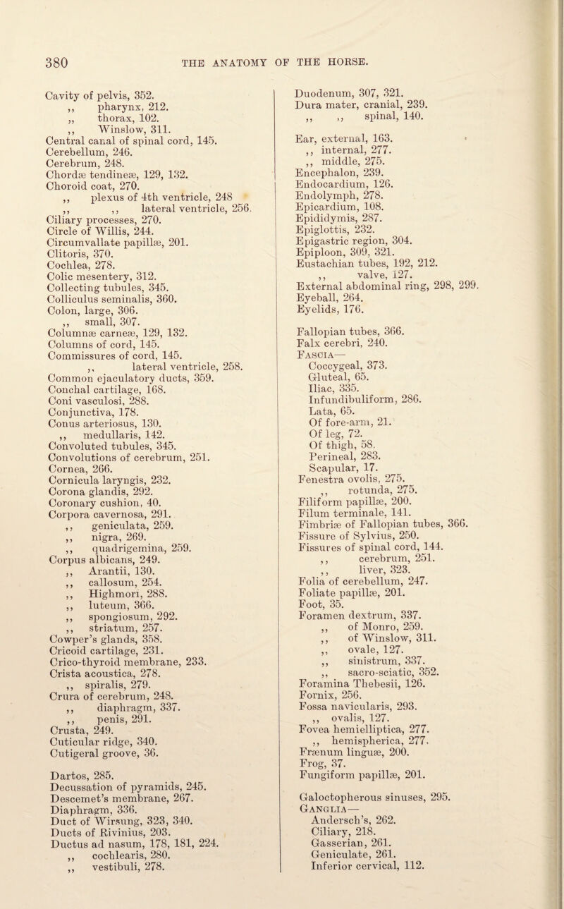 Cavity of pelvis, 352. ,, pharynx, 212. ,, thorax, 102. ,, Winslow, 311. Central canal of spinal cord, 145. Cerebellum, 246. Cerebrum, 248. Chordae tendineae, 129, 132. Choroid coat, 270. ,, plexus of 4th ventricle, 248 ,, ,, lateral ventricle, 256. Ciliary processes, 270. Circle of Willis, 244. Circumvallate papillae, 201. Clitoris, 370. Cochlea, 278. Colic mesentery, 312. Collecting tubules, 345. Colliculus seminalis, 360. Colon, large, 306. ,, small, 307. Columnae carneae, 129, 132. Columns of cord, 145. Commissures of cord, 145. ,, lateral ventricle, 258. Common ejaculatory ducts, 359. Conchal cartilage, 168. Coni vasculosi, 288. Conjunctiva, 178. Conus arteriosus, 130. ,, medullaris, 142. Convoluted tubules, 345. Convolutions of cerebrum, 251. Cornea, 266. Cornicula laryngis, 232. Corona glandis, 292. Coronary cushion, 40. Corpora cavernosa, 291. ,, geniculata, 259. ,, nigra, 269. ,, quadrigemina, 259. Corpus albicans, 249. ,, Arantii, 130. ,, callosum, 254. ,, Highmon, 288. ,, luteum, 366. ,, spongiosum, 292. ,, striatum, 257. Cowper’s glands, 358. Cricoid cartilage, 231. Crico-thyroid membrane, 233. Crista acoustica, 278. ,, spiralis, 279. Crura of cerebrum, 248. ,, diaphragm, 337. ,, penis, 291. Crusta, 249. Cuticular ridge, 340. Cutigeral groove, 36. Dartos, 285. Decussation of pyramids, 245. Descemet’s membrane, 267. Diaphragm, 336. Duct of Wirsung, 323, 340. Ducts of ftivinius, 203. Ductus ad nasum, 178, 181, 224. ,, cochlearis, 280. ,, vestibuli, 278. Duodenum, 307, 321. Dura mater, cranial, 239. ,, ,, spinal, 140. Ear, external, 163. ■ ,, internal, 277. ,, middle, 275. Encephalon, 239. Endocardium, 126. Endolymph, 278. Epicardium, 108. Epididymis, 287. Epiglottis, 232. Epigastric region, 304. Epiploon, 309, 321. Eustachian tubes, 192, 212. ,, valve, 127. External abdominal ring, 298, 299. Eyeball, 264. Eyelids, 176. Fallopian tubes, 366. Falx cerebri, 240. Fascia— Coccygeal, 373. Gluteal, 65. Iliac, 335. Infundibuliform, 286. Lata, 65. Of fore-arm, 21. Of leg, 72. Of thigh, 58. Perineal, 283. Scapular, 17. Fenestra ovolis, 275. ,, rotunda, 275. Filiform papillae, 200. Filum terminale, 141. Fimbriae of Fallopian tubes, 366. Fissure of Sylvius, 250. Fissures of spinal cord, 144. ,, cerebrum, 251. ,, liver, 323. Folia of cerebellum, 247. Foliate papillae, 201. Foot, 35. Foramen dextrum, 337. ,, of Monro, 259. ,, of Winslow, 311. ,, ovale, 127. ,, sinistrum, 337. ,, sacro-sciatic, 352. Foramina Thebesii, 126. Fornix, 256. Fossa navicularis, 293. ,, ovalis, 127. Fovea hemielliptica, 277. ,, hemisplierica, 277. Fraenum linguae, 200. Frog, 37. Fungiform papillae, 201. Galoctopherous sinuses, 295. Ganglia— Andersch’s, 262. Ciliary, 218. Gasserian, 261. Geniculate, 261. Inferior cervical, 112.