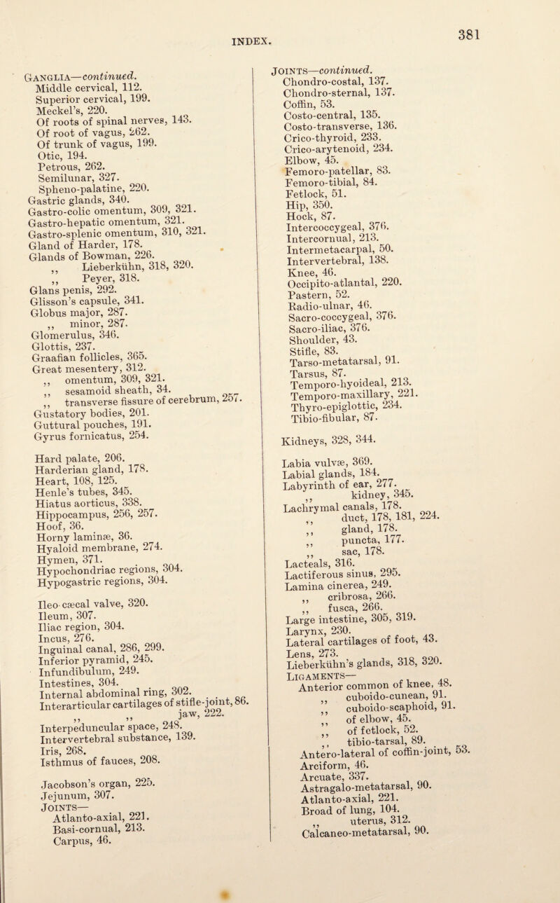 Ganglia—continued. Middle cervical, 112. Superior cervical, 199. Meckel’s, 220. Of roots of spinal nerves, 143. Of root of vagus, 262. Of trunk of vagus, 199. Otic, 194. Petrous, 262. Semilunar, 327. Spheno-palatine, 220. Gastric glands, 340. Gastro-colic omentum, 309, 321. Gastro-hepatic omentum, 321. Gastro-splenic omentum, 310, 321. Gland of Harder, 178. Glands of Bowman, 226. Lieberkiihn, 318, 320. ,, Peyer, 318. Gians penis, 292. Glisson’s capsule, 341. Globus major, 287. ,, minor, 287. Glomerulus, 346. Glottis, 237. Graafian follicles, 365. Great mesentery, 312. ,, omentum, 309, 321. ,, sesamoid sheath, 34. ,, transverse fissure of cerebrum, Zoi. Gustatory bodies, 201. Guttural pouches, 191. Gyrus fornicatus, 254. Joints—continued. Chondro-costal, 137. Chondro-sternal, 137. Coffin, 53. Costo-central, 135. Costo-transverse, 136. Crico-thyroid, 233. Crico-arytenoid, 234. Elbow, 45. Femoro-patellar, 83. Femoro-tibial, 84. Fetlock, 51. Hip, 350. Hock, 87. Intercoccygeal, 376. Intercornual, 213. Intermetacarpal, 50. Intervertebral, 138. Knee, 46. Occipito-atlantal, 220. Pastern, 52. Radio-ulnar, 46. Sacro-coccygeal, 376. Sacro-iliac, 376. Shoulder, 43. Stifle, 83. Tarso-metatarsal, 91. Tarsus, 87. Temporo-hyoideal, 213. Temporo-maxillary, 221. Thyro-epiglottic, 234. Tibio-fibular, 87. Kidneys, 328, 344. Hard palate, 206. Harderian gland, 178. Heart, 108, 125. Henle’s tubes, 345. Hiatus aorticus, 338. Hippocampus, 256, 257. Hoof, 36. Horny laminae, 36. Hyaloid membrane, 274. Hymen, 371. Hypochondriac regions, 304. Hypogastric regions, 304. Ileocsecal valve, 320. Ileum, 307. Iliac region, 304. Incus, 276. Inguinal canal, 286, 299. Inferior pyramid, 245. Infundibulum, 249. Intestines, 304. . Internal abdominal ring, 302. . Interarticular cartilages of stifle-]omt, »b, „ „ jaw> 222. Interpeduncular space, 248. Intervertebral substance, 139. Iris, 268. Isthmus of fauces, 208. Jacobson’s organ, 225. Jejunum, 307. Joints— Atlanto-axial, 221. Basi-cornual, 213. Carpus, 46. ia vulvse, 369. ial glands, 184. yrinth. of ear, 277. kidney, 345. lirymal canals, 178. duct, 178, 181, 224. ,, gland, 178. puncta, 177. ’5 sac, 178. ;eals, 316. iferous sinus, 295. ina cinerea, 249. cribrosa, 266. , fusca, 266. *e intestine, 305, 319. fnx, 230. iral cartilages of foot, 43. s. 273. . 1 ? Ligaments— Anterior common of knee, 4». cuboido-cunean, 91. ” cuboido-scaphoid, 91. ’’ of elbow, 45. ’, of fetlock, 52. ,, tibio-tarsal, 89. Antero-lateral of coffin-joint, 53. Arciform, 46. Arcuate, 337. Astragalo-metatarsal, 90. Atlanto-axial, 221. Broad of lung, 104. „ uterus, 312. Calcaneo-metatarsal, 90.