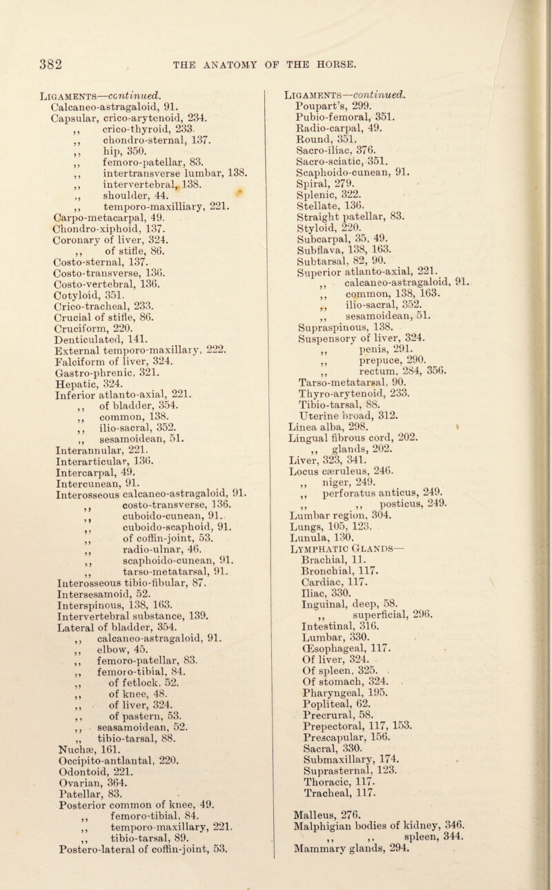 Ligaments—continued. Calcaneo-astragaloid, 91. Capsular, crico-arytenoid, 234. ,, crico-thyroid, 233. ,, chondro-sternal, 137. ,, hip, 350. ,, femoro-patellar, 83. ,, inter transverse lumbar, 138. ,, intervertebral, 138. ,, shoulder, 44. ,, temporo-maxilliary, 221. Carpo-metacarpal, 49. Cliondro-xiphoid, 137. Coronary of liver, 324. ,, of stifle, 86. Costo-sternal, 137. Costo-transverse, 136. Costo-vertebral, 136. Cotyloid, 351. Crico-tracheal, 233. Crucial of stifle, 86. Cruciform, 220. Denticulated, 141. External temporo-maxillary, 222. Falciform of liver, 324. Gastro-phrenic, 321. Hepatic, 324. Inferior atlanto-axial, 221. ,, of bladder, 354. ,, common, 138. ,, ilio-sacral, 352. ,, sesamoidean, 51. Interannular, 221. Interarticular, 136. Intercarpal, 49. Intercunean, 91. Interosseous calcaneo-astragaloid, 91. 5> costo-transverse, 136. ,, cuboido-cunean, 91. ,, cuboido-scaphoid, 91. ,, of coffin-joint, 53. ,, radio-ulnar, 46. ,, scaphoido-cunean, 91. ,, tarso-metatarsal, 91. Interosseous tibio-fibular, 87. Intersesamoid, 52. Interspinous, 138, 163. Intervertebral substance, 139. Lateral of bladder, 354. ,, calcaneo-astragaloid, 91. ,, elbow, 45. ,, femoro-patellar, 83. ,, femoro-tibial, 84. ,, of fetlock, 52. ,, of knee, 48. ,, of liver, 324. ,, of pastern, 53. ,, seasamoidean, 52. ,, tibio-tarsal, 88. Nuchae, 161. Occipito-antlantal, 220. Odontoid, 221. Ovarian, 364. Patellar, 83. Posterior common of knee, 49. ,, femoro-tibial, 84. ,, temporo-maxillary, 221. ,, tibio-tarsal, 89. Postero-lateral of coffin-joint, 53. Ligaments—continued. Poupart’s, 299. Pubio-femoral, 351. Radio-carpal, 49. Round, 351. Sacro-iliac, 376. Sacro-sciatic, 351. Scaphoido-cunean, 91. Spiral, 279. Splenic, 322. Stellate, 136. Straight patellar, 83. Styloid, 220. Subcarpal, 35, 49. Subflava, 138, 163. Subtarsal, 82, 90. Superior atlanto-axial, 221. ,, calcaneo-astragaloid, 91. ,, common, 138, 163. ,, ilio-sacral, 352. ,, sesamoidean, 51. Supraspinous, 138. Suspensory of liver, 324. ,, penis, 291. ,, prepuce, 290. ,, rectum, 284, 356. Tarso-metatarsal, 90. Thyro-arytenoid, 233. Tibio-tarsal, 88. Uterine broad, 312. Linea alba, 298. * Lingual fibrous cord, 202. ,, glands, 202. Liver, 323, 341. Locus caeruleus, 246. ,, niger, 249. ,, perforatus anticus, 249. ,, ,, posticus, 249. Lumbar region, 304. Lungs, 105, 123. Lunula, 130. Lymphatic Glands— Brachial, 11. Bronchial, 117. Cardiac, 117. Iliac, 330. Inguinal, deep, 58. ,, superficial, 296. Intestinal, 316. Lumbar, 330. Oesophageal, 117. Of liver, 324. Of spleen, 325. Of stomach, 324. Pharyngeal, 195. Popliteal, 62. Precrural, 58. Prepectoral, 117, 153. Prescapular, 156. Sacral, 330. Submaxillary, 174. Suprasternal, 123. Thoracic, 117- Tracheal, 117. Malleus, 276. Malphigian bodies of kidney, 346. ,, ,, spleen, 344. Mammary glands, 294.