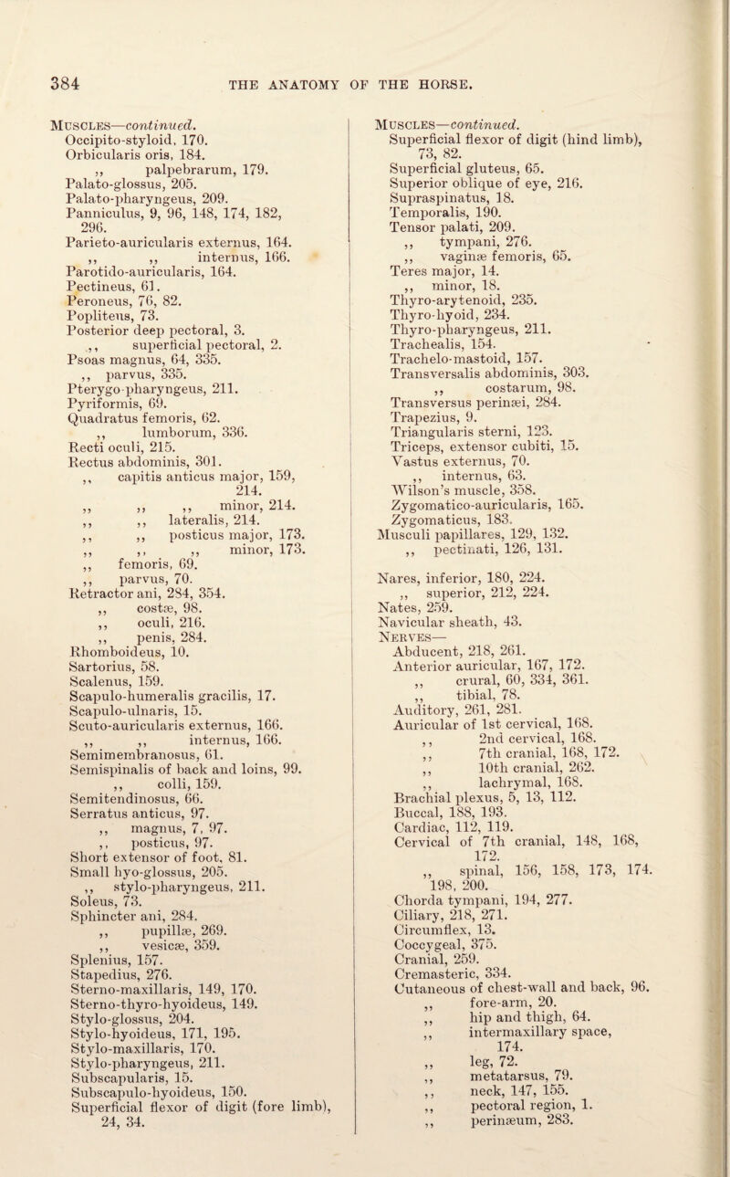 Muscles—continued. Occipito-styloid, 170. Orbicularis oris, 184. ,, palpebrarum, 179. Palato-glossus, 205. Palato-pharyngeus, 209. Panniculus, 9, 96, 148, 174, 182, 296. Parieto-auricularis externus, 164. ,, ,, interims, 166. Parotido-auricularis, 164. Pectineus, 61. Peroneus, 76, 82. Popliteus, 73. Posterior deep pectoral, 3. .,, superficial pectoral, 2. Psoas magnus, 64, 335. ,, parvus, 335. Pterygo-pharyngeus, 211. Pyriformis, 69. Quadratus femoris, 62. ,, lumborum, 336. Recti oculi, 215. Rectus abdominis, 301. ,, capitis anticus major, 159, 214. ,, ,, ,, minor, 214. ,, ,, lateralis, 214. ,, ,, posticus major, 173. ,, ,, ,, minor, 173. ,, femoris, 69. ,, parvus, 70. Retractor ani, 284, 354. ,, costae, 98. ,, oculi, 216. ,, penis, 284. Rhomboideus, 10. Sartorius, 58. Scalenus, 159. Scapulo-humeralis gracilis, 17. Scapulo-ulnaris, 15. Scuto-auricularis externus, 166. ,, ,, internus, 166. Semimembranosus, 61. Semispinalis of back and loins, 99. ,, colli, 159. Semitendinosus, 66. Serratus anticus, 97. ,, magnus, 7, 97. ,, posticus, 97- Short extensor of foot, 81. Small hyo-glossus, 205. ,, stylo-pharyngeus, 211. Soleus, 73. Sphincter ani, 284. ,, pupillse, 269. ,, vesicae, 359. Splenius, 157. Stapedius, 276. Sterno-maxillaris, 149, 170. Sterno-tliyro-hyoideus, 149. Stylo-glossus, 204. Stylo-hyoideus, 171, 195. Stylo-maxillaris, 170. Stylo-pharyngeus, 211. Subscapularis, 15. Subscapulo-hyoideus, 150. Superficial flexor of digit (fore limb), 24, 34. Muscles—continued. Superficial flexor of digit (hind limb), 73, 82. Superficial gluteus, 65. Superior oblique of eye, 216. Supraspinatus, 18. Temporalis, 190. Tensor palati, 209. ,, tympani, 276. ,, vaginae femoris, 65. Teres major, 14. ,, minor, 18. Thyro-arytenoid, 235. Thyro-liyoid, 234. Thyro-pharyngeus, 211. Trachealis, 154. Trachelo-mastoid, 157. Transversalis abdominis, 303. ,, costarum, 98. Transversus perinaei, 284. Trapezius, 9. Triangularis sterni, 123. Triceps, extensor cubiti, 15. Vastus externus, 70. ,, internus, 63. Wilson’s muscle, 358. Zygomatico-auricularis, 165. Zygomaticus, 183. Musculi papillares, 129, 132. ,, pectinati, 126, 131. Nares, inferior, 180, 224. ,, superior, 212, 224. Nates, 259. Navicular sheath, 43. Nerves— Abducent, 218, 261. Anterior auricular, 167, 172. ,, crural, 60, 334, 361. ,, tibial, 78. Auditory, 261, 281. Auricular of 1st cervical, 168. ,, 2nd cervical, 168. ,, 7th cranial, 168, 172. ,, 10th cranial, 262. ,, lachrymal, 168. Brachial plexus, 5, 13, 112. Buccal, 188, 193. Cardiac, 112, 119. Cervical of 7th cranial, 148, 168, 172. ,, spinal, 156, 158, 173, 174. 198, 200. Chorda tympani, 194, 277. Ciliary, 218, 271. Circumflex, 13. Coccygeal, 375. Cranial, 259. Cremasteric, 334. Cutaneous of cliest-wall and back, 96. ,, fore-arm, 20. ,, hip and thigh, 64. ,, intermaxillary space, 174. ,, leg, 72. ,, metatarsus, 79. ,, neck, 147, 155. ,, pectoral region, 1. ,, perinaeum, 283.