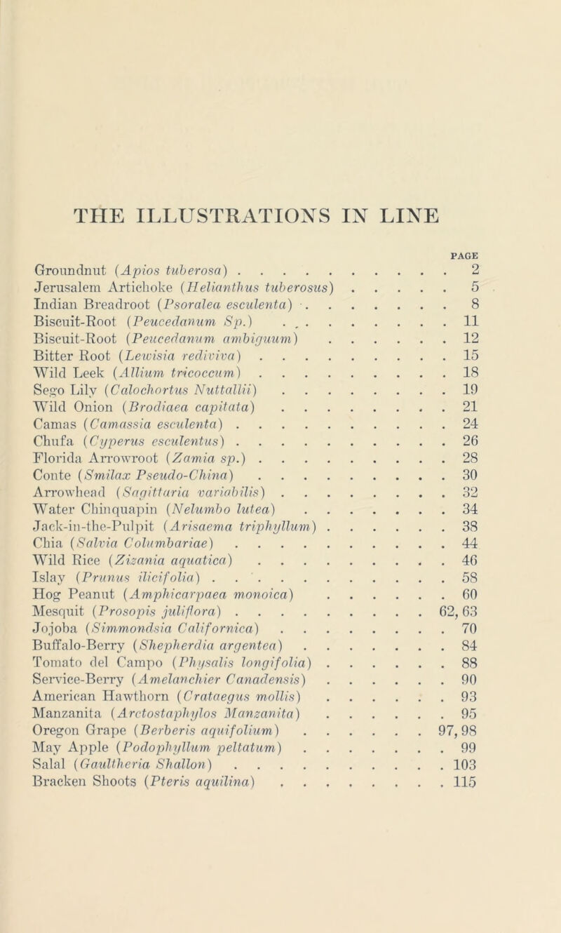 Groundnut (Apios tuberosa) Jerusalem Artichoke (Helianthus tuberosus) Indian Breadroot (Psoralea esculenta) . Biscuit-Root (Peucedanum Sp.) . , . Biscuit-Root (Peucedanum ambiguum) Bitter Root (Leicisia rediviva) . Wild Leek (Allium tricoccum) . Sego Lily (Calochortus Nuttallii) Wild Onion (Brodiaea cap it at a) Camas (Camassia esculenta) Chufa (Cy penis esculent us) Florida Arrowroot (Zamia sp.) .... Conte (Smilax Pseudo-China) .... Arrowhead (Sagittaria variobilis) Water Chinquapin (Nelumbo lutea) Jack-in-the-Pulpit (Arisaema triphyllum) . Cilia (Salvia Columbariae) Wild Rice (Zizania aquatica) .... Islay (Primus ilicifolia) Hog Peanut (Amphicarpaea monoica) Mesquit (Prosopis juliflora) Jojoba (Simmondsia California) Buffalo-Berry (Shepherd-in argentea) Tomato del Campo (Physalis longifolia) . Service-Berry (Amelancliier Canadensis) American Hawthorn (Crataegus mollis) Manzanita (Arctostaphylos Mamanita) Oregon Grape (Berberis aquifolium) May Apple (Podophyllum peltatum) Salal (Gaultlieria Shallon) Bracken Shoots (Pteris aquilina) PAGE p . 5 . 8 . 11 . 12 . 15 . 18 . 19 . 21 . 24 . 26 . 28 . 30 . 32 . 34 . 38 . 44 . 46 . 58 . 60 62, 63 . 70 . 84 . 88 . 90 . 93 . 95 97, 98 . 99 . 103 . 115