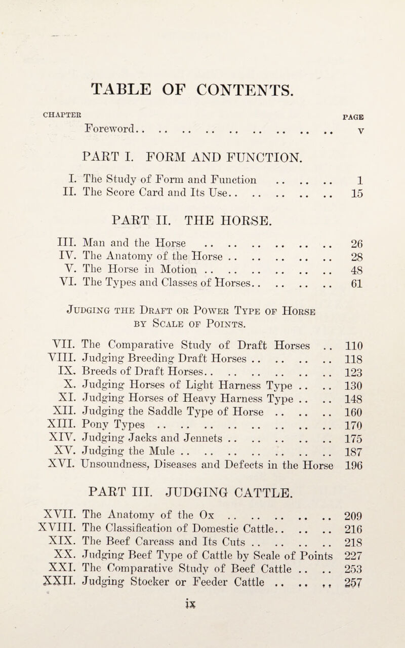 TABLE OF CONTENTS. CHAPTER pAGE Foreword. ,. y PART I. FORM AND FUNCTION. I. The Study of Form and Function . 1 II. The Score Card and Its Use. .. 15 PART II. THE HORSE. III. Man and the Horse . .. 26 IV. The Anatomy of the Horse .. .. .. .. .. 28 V. The Horse in Motion. 48 VI. The Types and Classes of Horses. 61 Judging the Draft or Power Type of Horse by Scale of Points. VII. The Comparative Study of Draft Horses .. 110 VIII. Judging* Breeding Draft Horses.118 IX. Breeds of Draft Horses.123 X. Judging Horses of Light Harness Type .. .. 130 XI. Judging Horses of Heavy Harness Type .. .. 148 XII. Judging the Saddle Type of Horse .. .. .. 160 XIII. Pony Types. .. 170 XIV. Judging Jacks and Jennets.175 XV. Judging the Mule.187 XVI. Unsoundness, Diseases and Defects in the Horse 196 PART III. JUDGING CATTLE. XVII. The Anatomy of the Ox.209 XVIII. The Classification of Domestic Cattle.216 XIX. The Beef Carcass and Its Cuts.218 XX. J udging Beef Type of Cattle by Scale of Points 227 XXI. The Comparative Study of Beef Cattle .. .. 253 XXH. Judging Stocker or Feeder Cattle .. .. 257