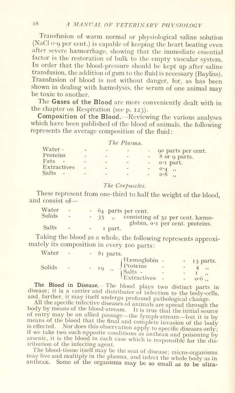 I ransfusion of warm normal or physiological saline solution (NaCl o-p per cent.) is capable of keeping the heart beating even after severe haemorrhage, showing that the immediate essential factor is the restoration of bulk to the empty vascular system. In order that the blood-pressure should be kept up after saline transfusion, the addition of gum to the fluid is necessary (Bayliss). Transfusion of blood is not without danger, for, as has been shown in dealing with haemolysis, the serum of one animal may be toxic to another. The Gases of the Blood are more conveniently dealt with in the chapter on Respiration (see p. 123). Composition of the Blood.—Reviewing the various analyses which have been published of the blood of animals, the following represents the average composition of the fluid: Water - Proteins Fats Extractives Salts - The Plasma. go parts per cent. 8 or g parts, o-i part. 0-4 ,, o-8 „ The Corpuscles. These represent from one-third to half the weight of the blood, and consist of— Water - '64 parts per cent. Solids - 35 >, consisting of 32 per cent, haemo- „ , globin, o-i per cent, proteins. Salts - 1 part. Taking the blood gs a whole, the following represents approxi¬ mately its composition in every 100 parts: Water - - 81 parts. /Haemoglobin - 13 parts. Solids - -iq J Proteins - 4 „ ” (Salts - - 1 „ I Extractives - - o-6 ,, The Blood in Disease. 1 lie blood plays two distinct parts in disease; it is a carrier and distributer of infection to the body-cells, and further, it may itself undergo profound pathological change. All the specific infective diseases of animals are spread through the body by means of the blood-stream. It is true that the initial source of entry may be an allied passage—the lymph-stream—but it is by means of the blood that the final and complete invasion of the body is effected. .Nor does this observation apply to specific diseases only; if we take two such opposite conditions as anthrax and poisoning by aisemc, it is the blood in each case which is responsible for the dis¬ tribution 01 the infecting agent. I he blood-tissue itself may be the seat of disease; micro-organisms may live and multiply in the plasma, and infect the whole body as in anthrax. Some of the organisms may be so small as to be' ultra-