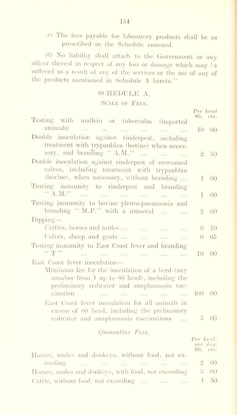 104 vf) I lie lees payable lor laboratory products shall be as prescribed in the Schedule annexed. (f)) No liability shall attach to the Government or any ollicer thereoi m respect of any loss or damage which may ! e suffered as a result of any of the services or the use of any of the products mentioned in Schedule A hereto.” SCHEDULE A. Scale of Fees. Testing with mallein or tuberculin (imported animals) Double inoculation against rinderpest, including treatment with trypanblau (bovine) when neces¬ sary, and branding “ A.M.” . Double inoculation against rinderpest of unweaned calves, including treatment with trypanblau (bovine), when necessary, without branding ... Testing immunity to rinderpest and branding “ A.M.” ... .. Testing immunity to bovine pleuro-pneumonia and branding “ ALP.” with a numeral Dipping- Cattles, horses and mules ... Calves, sheep and goats ... Testing immunity to East Coast fever and branding it rp »> East Coast fever inoculation— Minimum fee for the inoculation of a herd (any number from 1 up to 80 head), including the preliminary redwater and anaplasmosis vac¬ cination blast Coast fever inoculation for all animals in excess of 80 head, including the preliminary Quarantine Fees. Per head, per day. Sh. cts. Horses, mules and donkeys, without food, not ex¬ ceeding ... ... ... ... ... ... 2 00 Horses, mules and donkeys, with food, not exceeding 3 00 Cattle, without food, not exceeding ... ... ... 1 50 Per head Sh. cts. 10 00 2 50 1 00 1 00 2 00 0 10 0 05 10 00 400 00