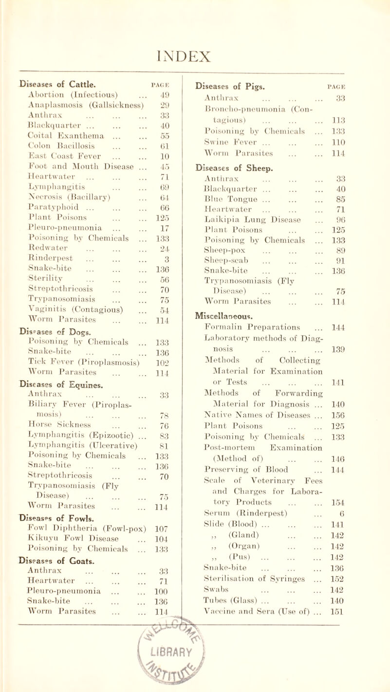 INDEX Diseases of Cattle. Abortion (Infectious) Anaplasmosis (Gallsickness) Anthrax Blackquarter ... Coital Exanthema ... Colon Bacillosis East Coast Fever Coot and Mouth Disease .. Heartwater Lymphangitis Necrosis (Bacillary) Paratyphoid ... Plant Poisons Pleuro-pneumonia Poisoning by Chemicals Redwater Rinderpest •Snake-bite Sterility Streptothricosis Trypanosomiasis PAG K 49 29 3d 40 55 01 10 45 71 09 04 00 125 17 133 24 3 136 56 70 Diseases of Pigs. Anthrax Rmncbo-pneumonia (Con¬ tagious) Poisoning by Chemicals Swine Fever ... Worm Parasites Diseases of Sheep. Anthrax Blackquarter ... Blue Tongue ... Heartwater Laikipia Lung Disease Plant Poisons Poisoning by Chemicals Sheep-pox Sheep-scab Snake-bite Trypanosomiasis (Fly Disease) Worm Parasites 1 aginitis (Contagious) Worm Parasites Diseases of Dogs. Poisoning by Chemicals Snake-bite Tick Fever (Piroplasmosis Worm Parasites Diseases of Equines. Anthrax Biliary Fever (Piroplas¬ mosis) Horse Sickness Lymphangitis (Epizootic) Lymphangitis (Ulcerative) Poisoning by Chemicals Snake-bite Streptothricosis Trypanosomiasis Disease) Worm Parasites Diseases of Fowls. Fowl Diphtheria (Fowl-pox Kikuyu Fowl Disease Poisoning by Chemicals Diseases of Goats. Anthrax Heartwater Pleuro-pneumonia Snake-bite Worm Parasites (Fly 54 114 133 136 162 114 33 78 76 83 81 133 136 70 75 114 107 104 133 Miscellaneous. Formalin Preparations Laboratory methods of Diag¬ nosis of Collecting for Examination Methods Material or Tests Methods 51 aterial of Forwardin for Diagnosis . Native Names of Diseases . Plant Poisons Poisoning by Chemicals Post-mortem Examination (Method of) Preserving of Blood Scale of Veterinary Fees and Charges for Labora¬ tory Products Serum (Rinderpest) Slide (Blood) ... ,, (Gland) ,, (Organ) ,, (Pus) ... Snake-bite Sterilisation of Syringes Swabs Tubes (Glass) ... Vaccine and Sera (Use of) PAG H 33 113 133 110 114 33 40 85 71 96 125 133 89 91 136 75 114 144 139 141 140 156 125 133 140 144 154 6 141 142 142 142 136 152 142 140 151