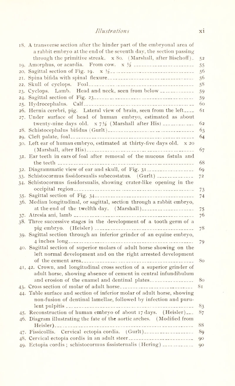 iS. A transverse section after the hinder part of the embryonal area of a rabbit embryo at the end of the seventh day, the section passing through the primitive streak, x So. (Marshall, after Kisclioff), 52 19. Amorplius, or acardia. From cow. x l/z_ 55 20. Sagittal section of Fig. 19. x _ 56 21. Spina biiida with spinal flexure_ 56 22. Skull of cyclops. Foal_ 58 23. Cyclops. Lamb. Head and neck, seen from below_ 59 24. Sagittal section of Fig. 23_ 59 25. Hydrocephalus. Calf_ 60 26. Hernia cerebri, pig. Lateral view of brain, seen from the left_ 61 27. Lender surface of head of human embryo, estimated as about twenty-nine days old. y-l'/z (Marshall after His)_ 62 2S. Schistocephalus bifidus (Gurlt)_ 63 29. Cleft palate, foal__ 64 30. Left ear of human embryo, estimated at thirty-five days old. x 20 (Marshall, after His)_ 67 31. Ear teeth in ears of foal after removal of the mucous fistula and the teeth_ 68 32. Diagrammatic view of ear and skull, of Fig. 31_ 69 33. Schistocormus fissidorsualis subecostatus. (Gurlt)_ 72 34. Schistocormus fissidorsualis, showing crater-like opening in the occipital region_ 73 35. Sagittal section of Fig. 34_ 74 36. Median longitudinal, or sagittal, section through a rabbit embryo, at the end of the twelfth day. (Marshall)_ 75 37. Atresia ani, lamb_ 76 38. Three successive stages in the development of a tooth germ of a pig embryo. (Heisler)_ 78 39. Sagittal section through an inferior grinder of an equine embr}-o, 4 inches long_ 79 40. Sagittal section of superior molars of adult horse showing on the left normal development and on the right arrested development of the cement area_ 80 41. 42. Crown, and longitudinal cross section of a superior grinder of adult horse, showing absence of cement in central infundibulum and erosion of the enamel and dentinal plates_ 80 43. Cross section of molar of adult horse_ 81 44. Table surface and section of inferior molar of adult horse, showing non-fusion of dentinal lamellae, followed by infection and puru¬ lent pulpitis_ 83 45. Reconstruction of human embryo of about 17 days. (Heisler)_ 87 46. Diagram illustrating the fate of the aortic arches. (Modified from Heisler)_ 88 47. Fissicollis. Cervical ectopia cordia. (Gurlt)_ 89 48. Cervical ectopia cordis in an adult steer_ 90 49. Ectopia cordis ; schistocormus fissisternalis (Hering)_ 90