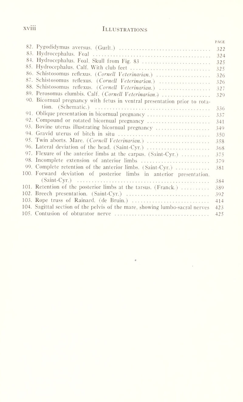 PAGE 82. Pygodidymus aversus. (Gurlt.) . 322 83. Hydrocephalus. Foal . 324 84. Hydrocephalus. Foal. Skull from Fig. 83 . 325 85. Hydrocephalus. Calf. With club feet . 325 86. Schistosomus reflexus. (Cornell Veterinarian.) . 326 87. Schistosomus reflexus. (Cornell Veterinarian.) . 326 88. Schistosomus reflexus. (Cornell Veterinarian.) . 327 89. Perosomus elumbis. Calf. (Cornell Veterinarian.) . 329 90. Bicornual pregnancy with fetus in ventral presentation prior to rota¬ tion. (Schematic.) . 336 91. Oblique presentation in bicornual pregnancy. 337 02. Compound or rotated bicornual pregnancy . 341 93. Bovine uterus illustrating bicornual pregnancy . 340 04. Gravid uterus of bitch in situ . 350 95. Twin aborts. Mare. (Cornell Veterinarian.) . 358 96. Lateral deviation of the head. (Saint-Cyr.) . 3b8 97. Flexure of the anterior limbs at the carpus. (Saint-Cyr.) . 375 08. Incomplete extension of anterior limbs . 379 99. Complete retention of the anterior limbs. (Saint-Cyr.) . 381 100. Forward deviation of posterior limbs in anterior presentation. (Saint-Cyr.) . 384 101. Retention of the posterior limbs at the tarsus. (Franck.) . 389 102. Breech presentation. (Saint-Cyr.) . 302 103. Rope truss of Rainard. (de Bruin.) . 414 104. Sagittal section of the pelvis of the mare, showing lumbo-sacral nerves 423 105. Contusion of obturator nerve . 425