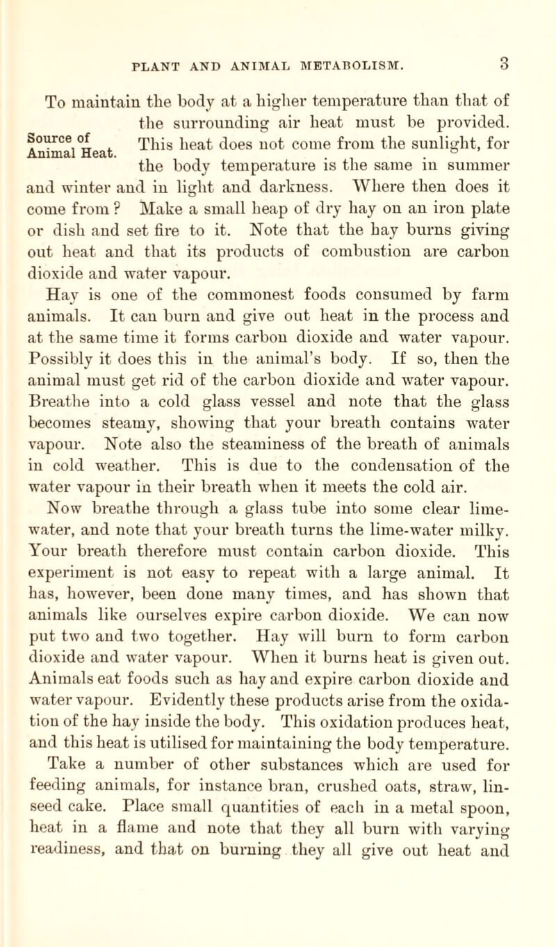 To maintain the body at a higher temperature than that of the surrounding air heat must be provided. Source of This heat does not come from the sunlight, for the body temperature is the same in summer and winter and in light and darkness. Where then does it come from ? Make a small heap of dry hay on an iron plate or dish and set fire to it. Note that the hay burns giving out heat and that its products of combustion are carbon dioxide and water vapour. Hay is one of the commonest foods consumed by farm animals. It can burn and give out heat in the process and at the same time it forms carbon dioxide and water vapour. Possibly it does this in the animal’s body. If so, then the animal must get rid of the carbon dioxide and water vapour. Breathe into a cold glass vessel and note that the glass becomes steamy, showing that your breath contains water vapour. Note also the steaminess of the breath of animals in cold weather. This is due to the condensation of the water vapour in their breath when it meets the cold air. Now breathe through a glass tube into some clear lime- water, and note that your breath turns the lime-water milky. Your breath therefore must contain carbon dioxide. This experiment is not easy to repeat with a large animal. It has, however, been done many times, and has shown that animals like ourselves expire carbon dioxide. We can now put two and two together. Hay will burn to form carbon dioxide and water vapour. When it burns heat is given out. Animals eat foods such as hay and expire carbon dioxide and water vapour. Evidently these products arise from the oxida¬ tion of the hay inside the body. This oxidation produces heat, and this heat is utilised for maintaining the body temperature. Take a number of other substances which are used for feeding animals, for instance bran, crushed oats, straw, lin¬ seed cake. Place small quantities of eacli in a metal spoon, heat in a flame and note that they all burn with varying readiness, and that on burning they all give out heat and