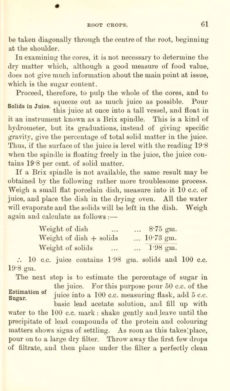 be taken diagonally through the centre of the root, beginning at the shoulder. In examining the cores, it is not necessary to determine the dry matter which, although a good measure of food value, does not give much information about the main point at issue, which is the sugar content. Proceed, therefore, to pulp the whole of the cores, and to g . squeeze out as much juice as possible. Pour ’ this juice at once into a tall vessel, and float in it an instrument known as a Brix spindle. This is a kind of hydrometer, but its graduations, instead of giving specific gravity, give the percentage of total solid matter in the juice. Thus, if the surface of the juice is level with the reading 19-8 when the spindle is floating freely in the juice, the juice con¬ tains 19'8 per cent, of solid matter. If a Brix spindle is not available, the same result may be obtained by the following rather more troublesome process. Weigh a small flat porcelain dish, measure into it 10 c.c. of juice, and place the dish in the drying oven. All the water will evaporate and the solids will be left in the dish. Weigh again and calculate as follows :— Weight of dish Weight of dish + solids Weight of solids 8‘75 gm. 1073 gm. P98 gm. Estimation of Sugar. .*. 10 c.c. juice contains l-98 gm. solids and 100 c.c. 19-8 gm. The next step is to estimate the percentage of sugar in the juice. For this purpose pour 50 c.c. of the juice into a 100 c.c. measuring flask, add 5 c.c. basic lead acetate solution, and fill up with water to the 100 c.c. mark: shake gently and leave until the precipitate of lead compounds of the protein and colouring matters shows signs of settling. As soon as this takes [place, pour on to a large dry filter. Throw away the first few drops of filtrate, and then place under the filter a perfectly clean