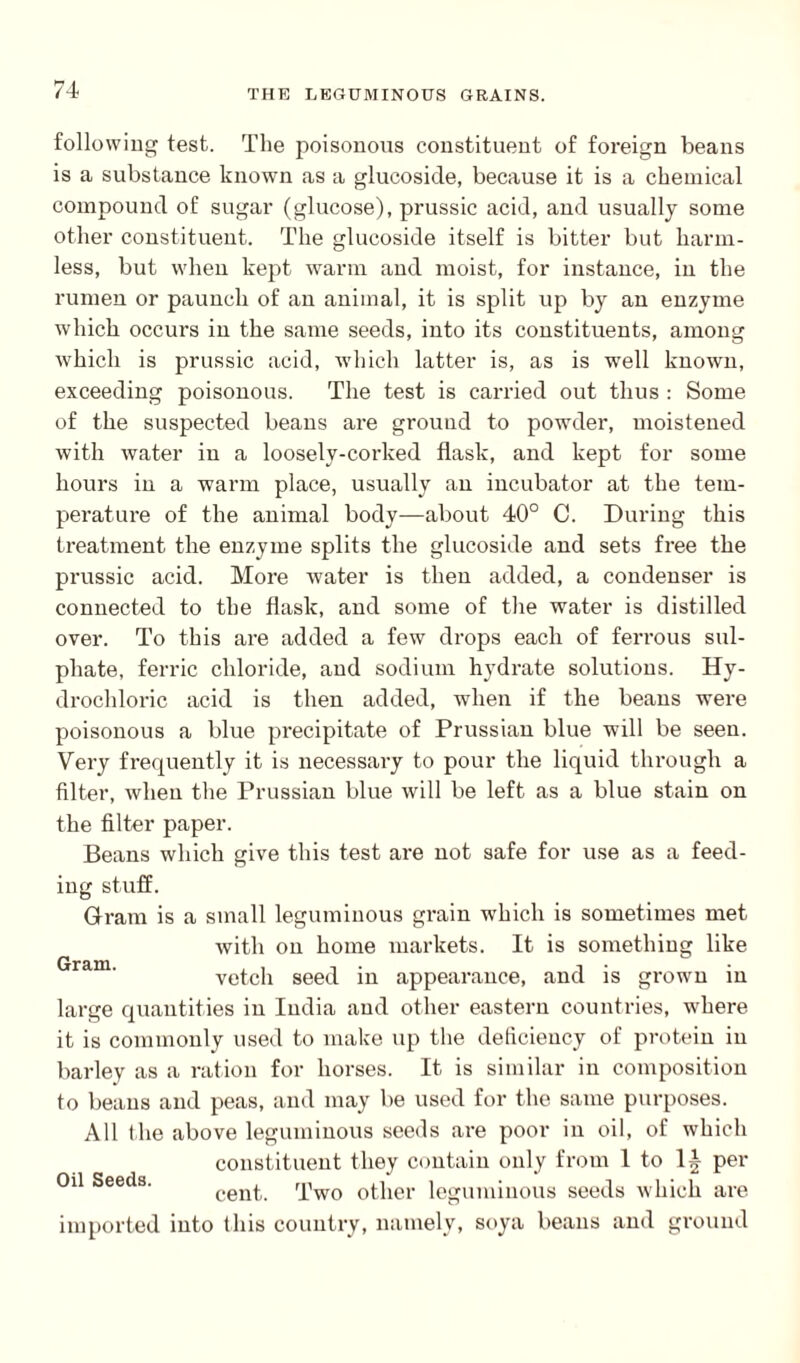 following test. The poisonous constituent of foreign beans is a substance known as a glucoside, because it is a chemical compound of sugar (glucose), prussic acid, and usually some other constituent. The glucoside itself is bitter but harm¬ less, but when kept warm and moist, for instance, in the rumen or paunch of an animal, it is split up by an enzyme which occurs in the same seeds, into its constituents, among which is prussic acid, which latter is, as is well known, exceeding poisonous. The test is carried out thus : Some of the suspected beans are ground to powder, moistened with water in a loosely-corked flask, and kept for some hours in a warm place, usually an incubator at the tem¬ perature of the animal body—about 40° C. During this treatment the enzyme splits the glucoside and sets free the prussic acid. More water is then added, a condenser is connected to the flask, and some of the water is distilled over. To this are added a few drops each of ferrous sul¬ phate, ferric chloride, and sodium hydrate solutions. Hy¬ drochloric acid is then added, when if the beans were poisonous a blue precipitate of Prussian blue will be seen. Very frequently it is necessary to pour the liquid through a filter, when the Prussian blue will be left as a blue stain on the filter paper. Beans which give this test are not safe for use as a feed¬ ing stuff. Gram is a small leguminous grain which is sometimes met with on home markets, vetch seed in appearance large quantities in India and other eastern countries, -where it is commonly used to make up the deficiency of protein in barley as a ration for horses. It is similar in composition to beaus and peas, and may be used for the same purposes. All the above leguminous seeds are poor in oil, of which constituent they contain only from 1 to 1| per cent. Two other leguminous seeds which are imported into this country, namely, soya beans and ground Gram. It is something like and is grown in