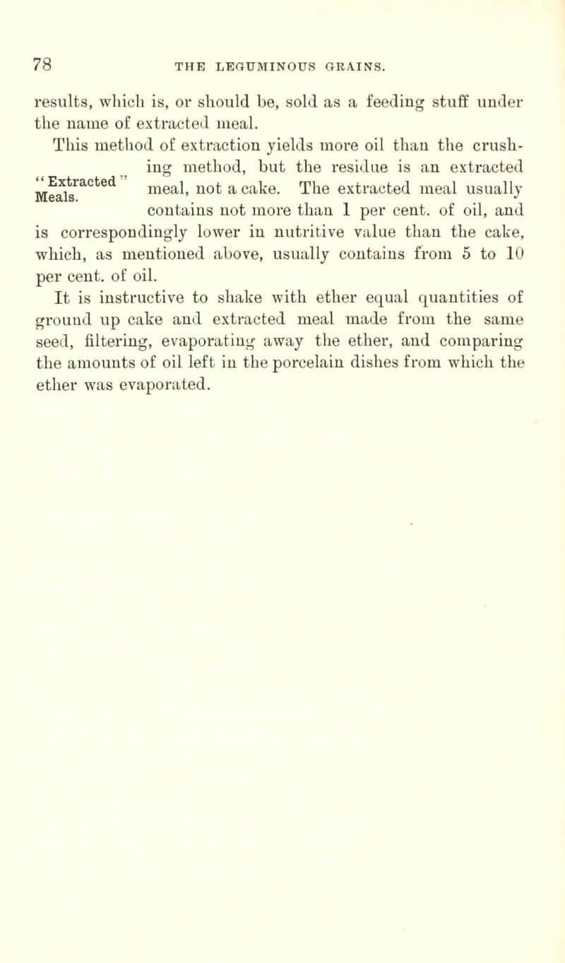 “ Extracted ” Meals. results, which is, or should be, sold as a feeding stuff under the name of extracted meal. This method of extraction yields more oil than the crush¬ ing method, but the residue is an extracted meal, not a cake. The extracted meal usually contains not more than 1 per cent, of oil, and is correspondingly lower in nutritive value than the cake, which, as mentioned above, usually contains from 5 to 10 per cent, of oil. It is instructive to shake with ether equal quantities of ground up cake and extracted meal made from the same seed, filtering, evaporating away the ether, and comparing the amounts of oil left in the porcelain dishes from which the ether was evaporated.
