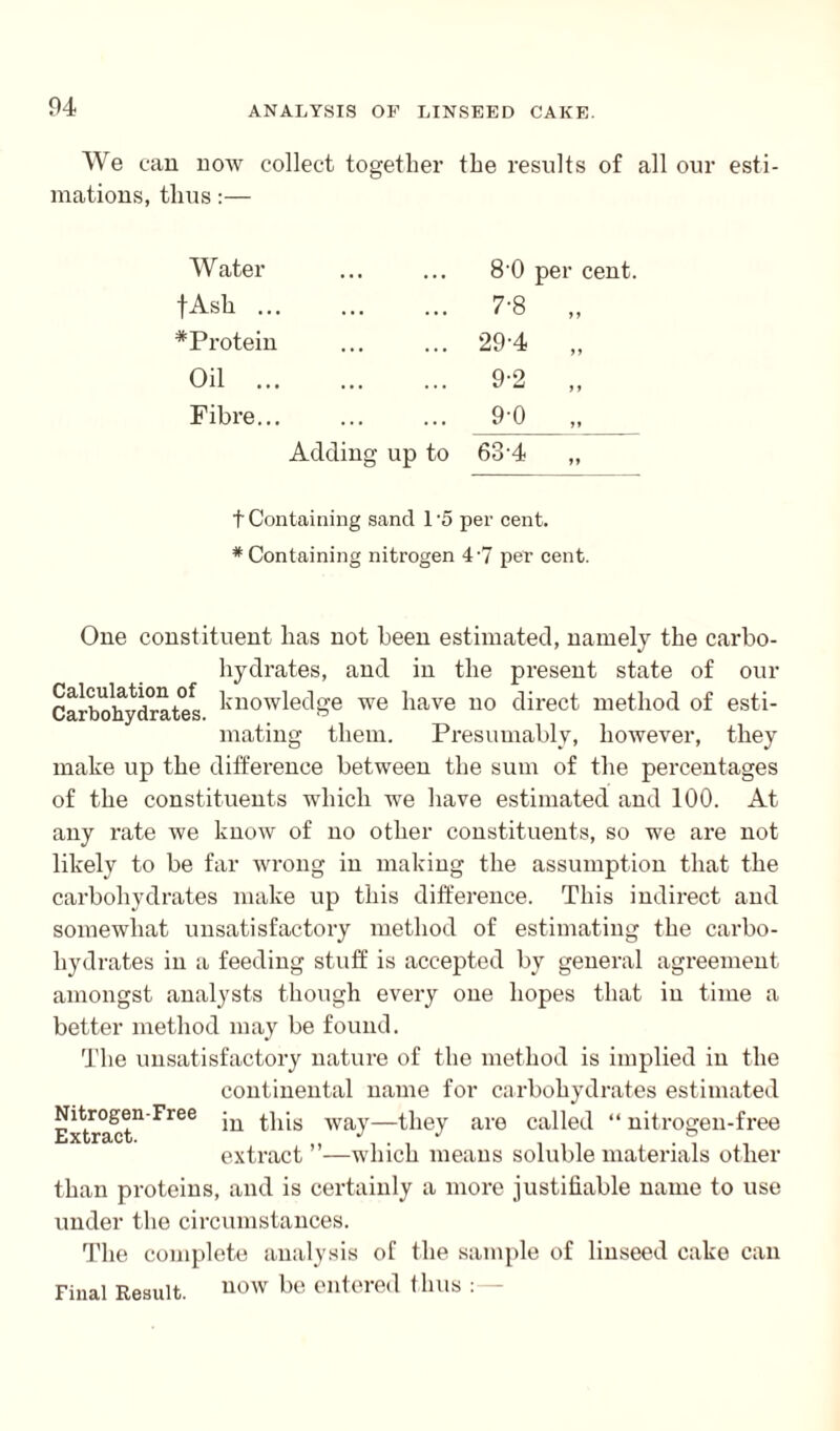 We can now collect together the results of all our esti¬ mations, thus:— W ater 8'0 fAsh ... 7-8 #Protein 29-4 Oil . 9-2 Fibre... 9-0 Adding up to 63-4 per cent. t Containing sand 1'5 per cent. * Containing nitrogen 47 per cent. One constituent has not been estimated, namely the carbo¬ hydrates, and in the present state of our Carbo-hydrates l'now^ecl?e we have no direct method of esti¬ mating them. Presumably, however, they make up the difference between the sum of the percentages of the constituents which we have estimated and 100. At any rate we know of no other constituents, so we are not likely to be far wrong in making the assumption that the carbohydrates make up this difference. This indirect and somewhat unsatisfactory method of estimating the carbo¬ hydrates in a feeding stuff is accepted by general agreement amongst analysts though every one hopes that in time a better method may be found. The unsatisfactory nature of the method is implied in the continental name for carbohydrates estimated Nitrogen-Free jn ^his Way—they are called “ nitrogen-free extract ”—which means soluble materials other than proteins, and is certainly a more justifiable name to use under the circumstances. The complete analysis of the sample of linseed cake can now be entered thus :—- Final Result.