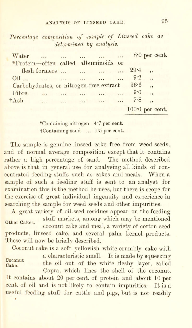 Percentage composition of sample of Linseed calce as determined by analysis. Water * Protein—often called albuminoids or flesli formers ... Oil. Carbohydrates, or nitrogen-free extract Fibre tAsh . 8‘0 per cent. 29-4 9-2 36-6 90 lOO'O per cent. ^Containing nitrogen 4‘7 per cent. tContaining sand ... 1'5 per cent. The sample is genuine linseed cake free from weed seeds, and of normal average composition except that it contains rather a high percentage of sand. The method described above is that in general use for analysing all kinds of con¬ centrated feeding stuffs such as cakes and meals. When a sample of such a feeding stuff is sent to an analyst for examination this is the method he uses, but there is scope for the exercise of great individual ingenuity and experience in searching the sample for weed seeds and other impurities. A great variety of oil-seed residues appear on the feeding stuff markets, among which may be mentioned coconut cake and meal, a variety of cotton seed products, linseed cake, and several palm kernel products. These will now be briefly described. Coconut cake is a soft yellowish white crumbly cake with a characteristic smell. It is made by squeezing CakeT^ the out °t the white fleshy layer, called Copra, which lines the shell of the coconut. It contains about 20 per cent, of protein and about 10 per cent, of oil and is not likely to contain impurities. It is a useful feeding stuff for cattle and pigs, but is not readily Other Cakes.