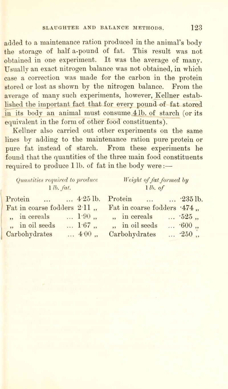 added to a maintenance ration produced in the animal’s body the storage of half a-pound of fat. This result was not obtained in one experiment. It was the average of many. Usually an exact nitrogen balance was not obtained, in which case a correction was made for the carbon in the protein stored or lost as shown by the nitrogen balance. From the average of many such experiments, however, Ivellner estab¬ lished the important fact that for every pound of fat stored in its body an animal must consume 4 lb. of starch (or its equivalent in the form of other food constituents). Kellner also carried out other experiments on the same lines by adding to the maintenance ration pure protein or pure fat instead of starch. From these experiments he found that the quantities of the three main food constituents required to produce 1 lb. of fat in the body were :— Quantities required to produce 1 lb. fat. Protein ... ... 4251b. Fat in coarse fodders 211 ,, „ in cereals ... 1'90 ,, „ in oil seeds ... 167 ,, Carbohydrates ... 4 00 ,, Weight of fat formed by 1 lb. of Protein ... ... -2351b Fat in coarse fodders -474 „ „ in cereals ... -525 ,, ,, in oil seeds ... -600 ,, Carbohydrates ... ‘250 ,,
