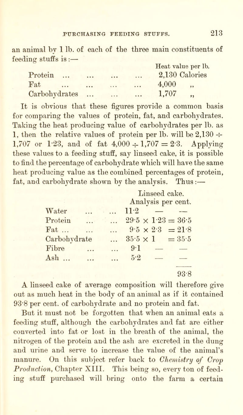 an animal by 1 lb. of eacli of the three main constituents of feeding stuffs is :— Heat value per lb. Protein ... ... ... ... 2,130 Calories Fat ... ... ... ... 4,000 ,, Carbohydrates ... ... ... 1,707 „ It is obvious that these figures provide a common basis for comparing the values of protein, fat, and carbohydrates. Taking the heat producing value of carbohydrates per lb. as 1, then the relative values of protein per lb. will be 2,130 -j- 1,707 or 1'23, and of fat 4,000 -4- 1,707 = 2'3. Applying these values to a feeding stuff, say linseed cake, it is possible to find the percentage of carbohydrate which will have the same heat producing value as the combined percentages of protein, fat, and carbohydrate shown by the analysis. Thus :— Water Protein Fat ... Carbohydrate Fibre Ash ... Linseed cake. Analysis per cent. 112 * — 29-5 x 123 = 36-5 9-5 x 2-3 = 21-8 35-5 x 1 = 35-5 91 — 5-2 — — 938 A linseed cake of average composition will therefore give out as much heat in the body of an animal as if it contained 93'8 per cent, of carbohydrate and no protein and fat. But it must not be forgotten that when an animal eats a feeding stuff, although the carbohydrates and fat are either converted into fat or lost in the breath of the animal, the nitrogen of the protein and the ash are excreted in the dung and urine and serve to increase the value of the animal’s manure. On this subject refer back to Chemistry of Crop Production, Chapter XIII. This being so, every ton of feed¬ ing stuff purchased will bring onto the farm a certain