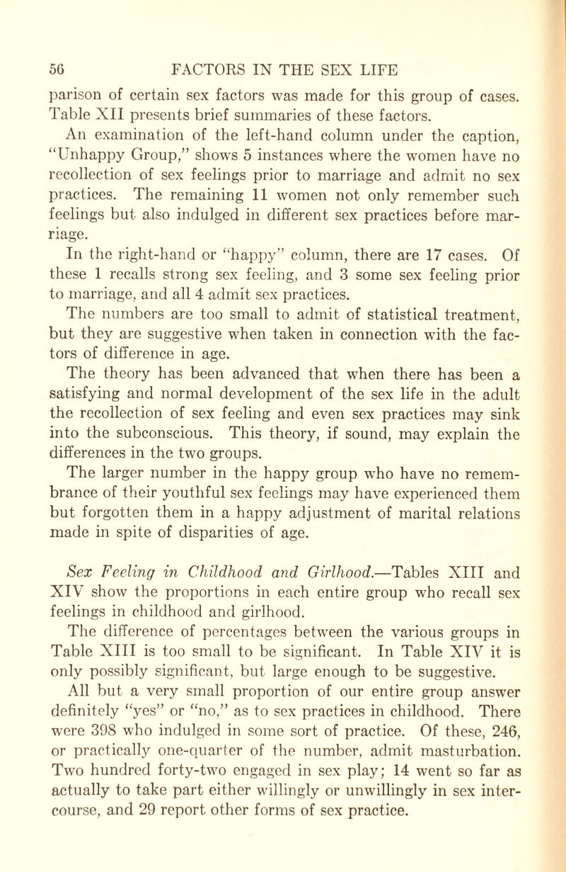 parison of certain sex factors was made for this group of cases. Table XII presents brief summaries of these factors. An examination of the left-hand column under the caption, “Unhappy Group,” shows 5 instances where the women have no recollection of sex feelings prior to marriage and admit no sex practices. The remaining 11 women not only remember such feelings but also indulged in different sex practices before mar¬ riage. In the right-hand or “happy” column, there are 17 cases. Of these 1 recalls strong sex feeling, and 3 some sex feeling prior to marriage, and all 4 admit sex practices. The numbers are too small to admit of statistical treatment, but they are suggestive when taken in connection with the fac¬ tors of difference in age. The theory has been advanced that when there has been a satisfying and normal development of the sex life in the adult the recollection of sex feeling and even sex practices may sink into the subconscious. This theory, if sound, may explain the differences in the two groups. The larger number in the happy group who have no remem¬ brance of their youthful sex feelings may have experienced them but forgotten them in a happy adjustment of marital relations made in spite of disparities of age. Sex Feeling in Childhood and Girlhood.—Tables XIII and XIV show the proportions in each entire group who recall sex feelings in childhood and girlhood. The difference of percentages between the various groups in Table XIII is too small to be significant. In Table XIV it is only possibly significant, but large enough to be suggestive. All but a very small proportion of our entire group answTer definitely “yes” or “no,” as to sex practices in childhood. There were 398 who indulged in some sort of practice. Of these, 246, or practically one-quarter of the number, admit masturbation. Two hundred forty-two engaged in sex play; 14 went so far as actually to take part either willingly or unwillingly in sex inter¬ course, and 29 report other forms of sex practice.