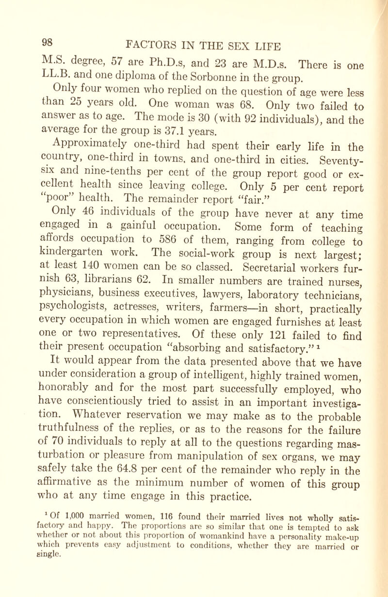 M.S. degree, 57 are Ph.D.s, and 23 are M.D.s. There is one LL.B. and one diploma of the Sorbonne in the group. Only four women who replied on the question of age were less than 25 years old. One woman was 68. Only two failed to answer as to age. The mode is 30 (with 92 individuals), and the average for the group is 37.1 years. Approximately one-third had spent their early life in the country, one-third in towns, and one-third in cities. Seventy- six and nine-tenths per cent of the group report good or ex¬ cellent health since leaving college. Only 5 per cent report poor” health. The remainder report “fair.” Only 46 individuals of the group have never at any time engaged in a gainful occupation. Some form of teaching affords occupation to 586 of them, ranging from college to kindergarten work. The social-work group is next largest) at least 140 women can be so classed. Secretarial workers fur¬ nish 63, librarians 62. In smaller numbers are trained nurses, physicians, business executives, lawyers, laboratory technicians, psychologists, actresses, writers, farmers—in short, practically every occupation in which women are engaged furnishes at least one or two representatives. Of these only 121 failed to find their present occupation “absorbing and satisfactory.” 1 It would appear from the data presented above that we have under consideration a group of intelligent, highly trained women, honorably and for the most part successfully employed, who have conscientiously tried to assist in an important investiga¬ tion. Whatever reservation we may make as to the probable truthfulness of the replies, or as to the reasons for the failure of 70 individuals to reply at all to the questions regarding mas¬ turbation or pleasure from manipulation of sex organs, we may safely take the 64.8 per cent of the remainder who reply in the affirmative as the minimum number of women of this group who at any time engage in this practice. 1 Of 1,000 married women, 116 found their married lives not wholly satis¬ factory and happy. The proportions are so similar that one is tempted to ask whether or not about this proportion of womankind have a personality make-up which prevents easy adjustment to conditions, whether they are married or single.