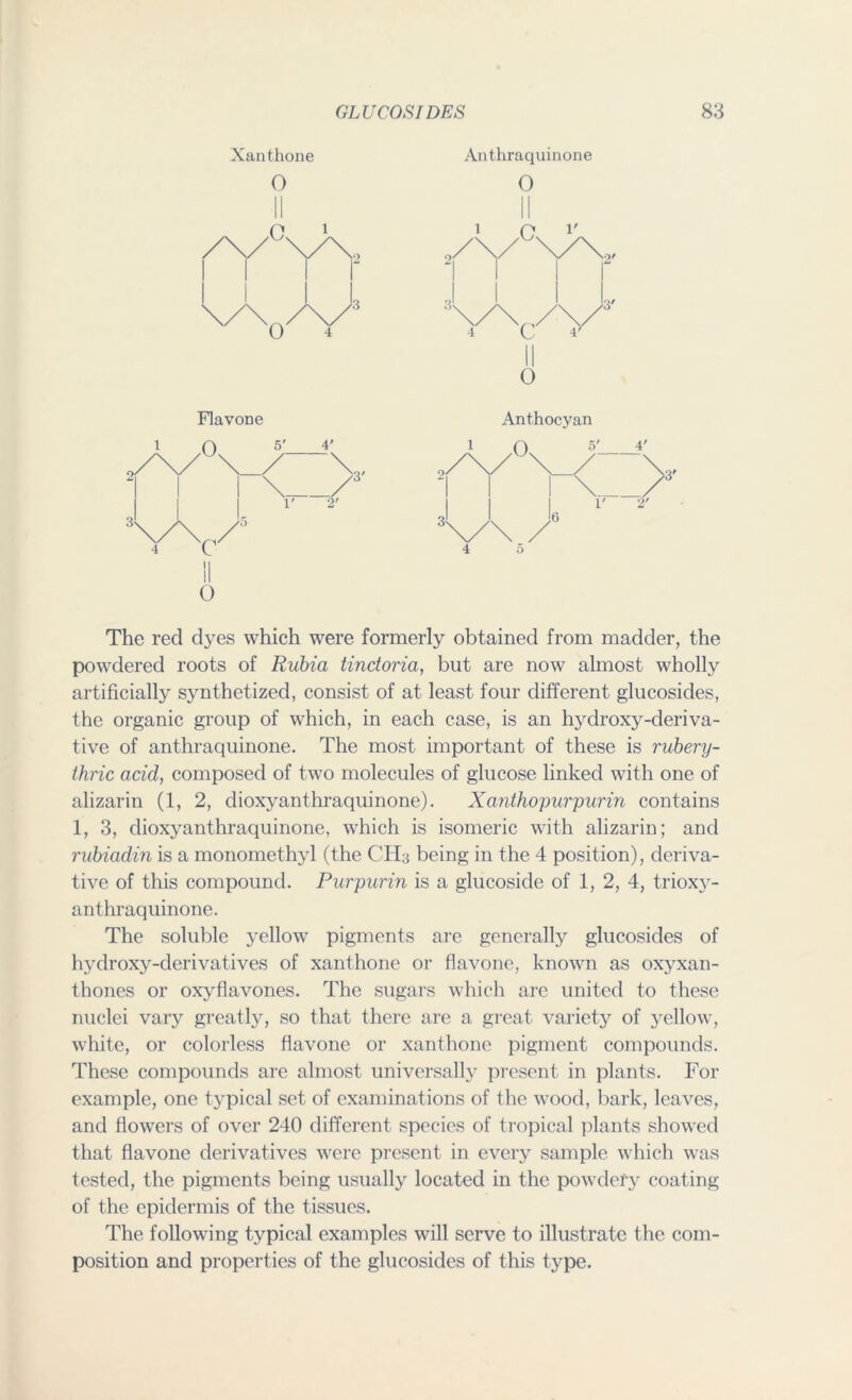 Xanthone O Flavone O 5' 4' \_/—V. I \ /3 r 2' C' II O Anthraquinone o 1 1 3\/\,/\/3' 4 C 4' O Anthocyan 4 5 The red dyes which were formerly obtained from madder, the powdered roots of Rubia tindoria, blit are now almost wholly artificially synthetized, consist of at least four different glucosides, the organic group of which, in each case, is an hydroxy-deriva- tive of anthraquinone. The most important of these is rubery- thric acid, composed of two molecules of glucose linked with one of alizarin (1, 2, dioxyanthraquinone). Xanthopurpurin contains 1, 3, dioxyanthraquinone, which is isomeric with alizarin; and rubiadin is a monomethyl (the CH3 being in the 4 position), deriva- tive of this compound. Purpurin is a glucoside of 1, 2, 4, trioxy- anthraquinone. The soluble yellow pigments are generally glucosides of hydroxy-derivatives of xanthone or flavone, known as oxyxan- thones or oxyflavones. The sugars which are united to these nuclei vary greatly, so that there are a great variety of yellow, white, or colorless flavone or xanthone pigment compounds. These compounds are almost universally present in plants. For example, one typical set of examinations of the wood, bark, leaves, and flowers of over 240 different species of tropical plants showed that flavone derivatives were present in every sample which was tested, the pigments being usually located in the powdery coating of the epidermis of the tissues. The following typical examples will serve to illustrate the com- position and properties of the glucosides of this type.