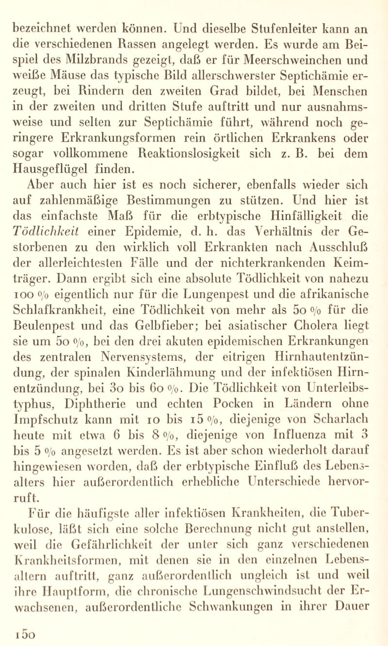 bezeichnet werden können. Und dieselbe Stufenleiter kann an die verschiedenen Rassen angelegt werden. Es wurde am Bei¬ spiel des Milzbrands gezeigt, daß er für Meerschweinchen und weiße Mäuse das typische Bild allerschwerster Septichämie er¬ zeugt, bei Rindern den zweiten Grad bildet, hei Menschen in der zweiten und dritten Stufe auftritt und nur ausnahms¬ weise und selten zur Septichämie führt, während noch ge¬ ringere Erkrankungsformen rein örtlichen Erkrankens oder sogar vollkommene Reaktionslosigkeit sich z. B. bei dem Hausgeflügel finden. Aber auch hier ist es noch sicherer, ebenfalls wieder sich auf zahlenmäßige Bestimmungen zu stützen. Und hier ist das einfachste Maß für die erbtypische Hinfälligkeit die Tödlichkeit einer Epidemie, d. h. das Verhältnis der Ge¬ storbenen zu den wirklich voll Erkrankten nach Ausschluß der allcrleichteslen Fälle und der nichterkrankenden Keim¬ träger. Dann ergibt sich eine absolute Tödlichkeit von nahezu ioo o/o eigentlich nur für die Lungenpest und die afrikanische Schlafkrankheit, eine Tödlichkeit von mehr als 5o o/o für die Beulenpest und das Gelbfieber; hei asiatischer Cholera liegt sie um 5o o/0, hei den drei akuten epidemischen Erkrankungen des zentralen Nervensystems, der eitrigen Hirnhautentzün¬ dung, der spinalen Kinderlähmung und der infektiösen Hirn¬ entzündung, hei 3o bis 60 %. Die Tödlichkeit von Unterleibs¬ typhus, Diphtherie und echten Pocken in Ländern ohne Impfschutz kann mit io bis i5°/o, diejenige von Scharlach heute mit etwa 6 bis 8 o/0, diejenige von Influenza mit 3 bis 5 o/o angesetzt werden. Es ist aber schon wiederholt darauf hingewiesen worden, daß der erhtypische Einfluß des Lebens¬ alters hier außerordentlich erhebliche Unterschiede hervor¬ ruft. Für die häufigste aller infektiösen Krankheiten, die Tuber¬ kulose, läßt sich eine solche Berechnung nicht gut anstellen, weil die Gefährlichkeit der unter sich ganz verschiedenen Krankheitsformen, mit denen sie in den einzelnen Lebens¬ altern auftritt, ganz außerordentlich ungleich ist und weil ihre Haupt form, die chronische Lungenschwindsucht der Er¬ wachsenen, außerordentliche Schwankungen in ihrer Dauer i5o