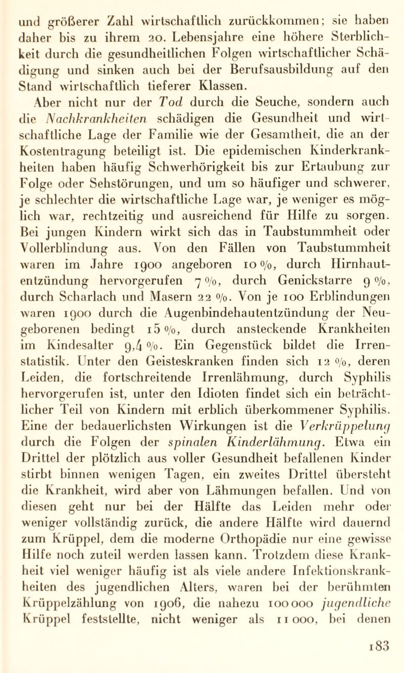 und größerer Zahl wirtschaftlich zurückkommen; sie haben daher bis zu ihrem 20. Lebensjahre eine höhere Sterblich¬ keit durch die gesundheitlichen Folgen wirtschaftlicher Schä¬ digung und sinken auch bei der Berufsausbildung auf den Stand wirtschaftlich tieferer Klassen. Aber nicht nur der Tod durch die Seuche, sondern auch die Nachkrankheilen schädigen die Gesundheit und wirt¬ schaftliche Lage der Familie wie der Gesamtheit, die an der Kostentragung beteiligt ist. Die epidemischen Kinderkrank¬ heiten haben häufig Schwerhörigkeit bis zur Ertaubung zur Folge oder Sehstörungen, und um so häufiger und schwerer, je schlechter die wirtschaftliche Lage war, je weniger es mög¬ lich war, rechtzeitig und ausreichend für Hilfe zu sorgen. Bei jungen Kindern wirkt sich das in Taubstummheit oder Vollerblindung aus. Von den Fällen von Taubstummheit waren im Jahre 1900 angeboren 10 0/0, durch Hirnhaut¬ entzündung hervorgerufen 7 0/0, durch Genickstarre 9 %, durch Scharlach und Masern 22 %. Von je 100 Erblindungen waren 1900 durch die Augenbindehautentzündung der Neu¬ geborenen bedingt i5%, durch ansteckende Krankheiten im Kindesalter g,4 °/o. Ein Gegenstück bildet die Irren¬ statistik. Unter den Geisteskranken finden sich 12 o/0, deren Leiden, die fortschreitende Irrenlähmung, durch Syphilis hervorgerufen ist, unter den Idioten findet sich ein beträcht¬ licher Teil von Kindern mit erblich überkommener Syphilis. Eine der bedauerlichsten Wirkungen ist die Verkrüppelung durch die Folgen der spinalen Kinderlähmung. Etwa ein Drittel der plötzlich aus voller Gesundheit befallenen Kinder stirbt binnen wenigen Tagen, ein zweites Drittel übersteht die Krankheit, wird aber von Lähmungen befallen. Und von diesen geht nur bei der Hälfte das Leiden mehr oder weniger vollständig zurück, die andere Hälfte wird dauernd zum Krüppel, dem die moderne Orthopädie nur eine gewisse Hilfe noch zuteil werden lassen kann. Trotzdem diese Krank¬ heit viel weniger häufig ist als viele andere Infektionskrank¬ heiten des jugendlichen Alters, waren bei der berühmten Krüppelzählung von 1906, die nahezu 100000 jugendliche Krüppel feststellte, nicht weniger als 11000, bei denen i83