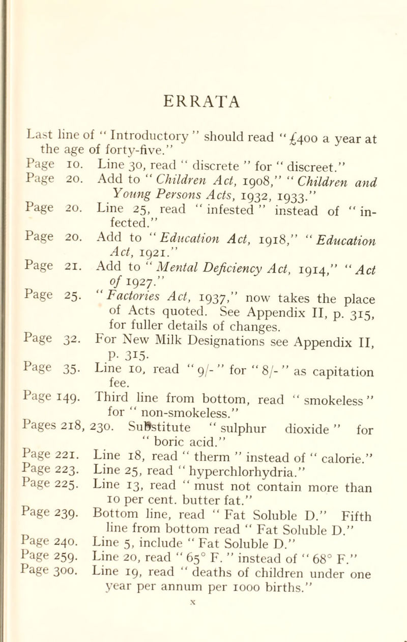 ERRATA Last line of “ Introductory ” should read “ £400 a year at the age of forty-five.” Page 10. Line 30, read “ discrete ” for “ discreet.” Page 20. Add to “ Children Act, 1908/’ “ Children and Young Persons Acts, 1932, 1933.” Page 20. Line 25, read “ infested ” instead of “ in¬ fected.” Page 20. Add to “Education Act, 1918,” “Education Act, 1921.” Page 21. Add to ‘‘ Mental Deficiency Act, 1914,” “Act  of 1927.” Page 25. “Factories Act, 1937,” now takes the place of Acts quoted. See Appendix II, p. 315, for fuller details of changes. Page 32. For New Milk Designations see Appendix II, P- 315. ^a§e 35- Line 10, read ”9/-” for ”8/-” as capitation fee. Page 149. Third line from bottom, read “smokeless” for “ non-smokeless.” Pages 218, 230. Substitute “ sulphur dioxide ” for “ boric acid.” Page 221. Line 18, read “ therm ” instead of “ calorie.” Page 223. Line 25, read “ hyperchlorhydria.” Page 225. Line 13, read must not contain more than 10 per cent, butter fat.” Page 239. Bottom line, read “ Fat Soluble D.” Fifth line from bottom read “ Fat Soluble D.” Page 240. Line 5, include “ Fat Soluble D.” Page 259. Line 20, read “ 65° F. ” instead of “ 68° F.” ^ a§e 300- Line 19, read “ deaths of children under one year per annum per 1000 births.”
