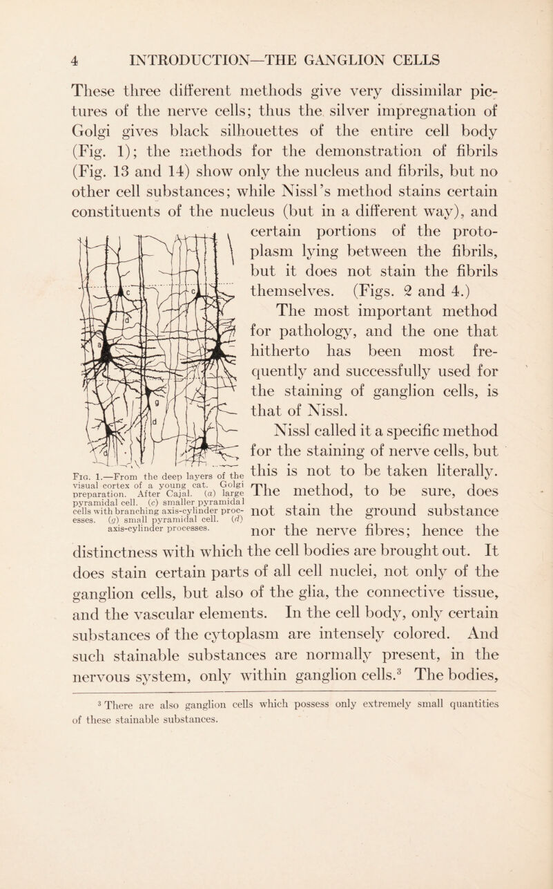 These three different methods give very dissimilar pic¬ tures of the nerve cells; thus the silver impregnation of Golgi gives black silhouettes of the entire cell body (Fig. 1); the methods for the demonstration of fibrils (Fig. 13 and 14) show only the nucleus and fibrils, but no other cell substances; while NissFs method stains certain constituents of the nucleus (but in a different way), and certain portions of the proto¬ plasm lying between the fibrils, but it does not stain the fibrils themselves. (Figs. 2 and 4.) The most important method for pathology, and the one that hitherto has been most fre¬ quently and successfully used for the staining of ganglion cells, is that of Nissl. Nissl called it a specific method for the staining of nerve cells, but Fig. 1.—From the deep layers' of~tbe tills is not tO betaken literally, preparation. After Cajal. (a) large The method, to be sure, does pyramidal cell, (c) smaller pyramidal . 1 i cells with branching axis-cylinder proc- not Siam the grOlUld SUbstailCC esses. (g) small pyramidal cell. (d) 0 axis-cylinder processes. n0r the nerve fibres; hence the distinctness with which the cell bodies are brought out. It does stain certain parts of all cell nuclei, not only of the ganglion cells, but also of the glia, the connective tissue, and the vascular elements. In the cell body, only certain substances of the cytoplasm are intensely colored. And such stainable substances are normally present, in the nervous system, only within ganglion cells.3 The bodies, 3 There are also ganglion cells which possess only extremely small quantities of these stainable substances.