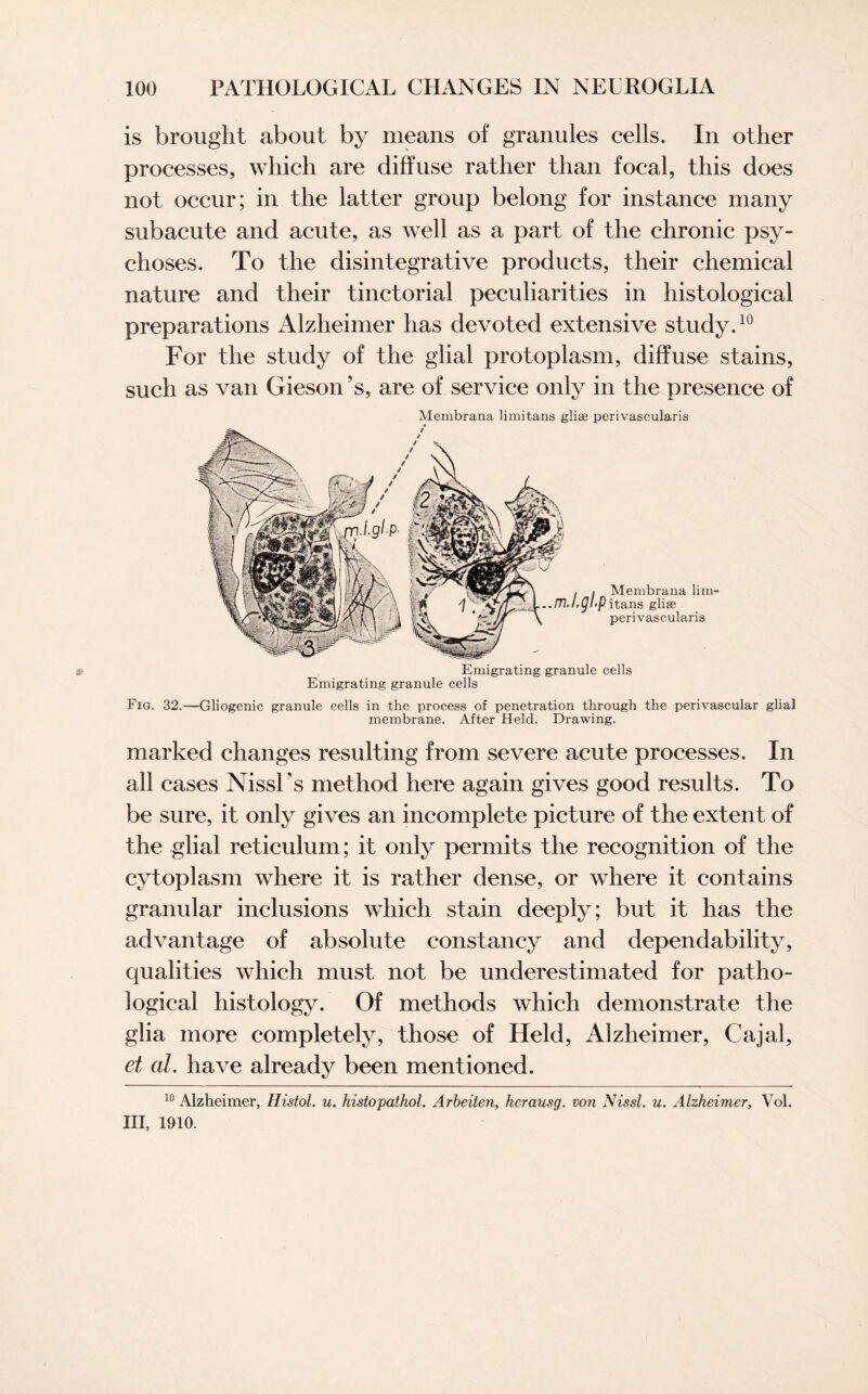 is brought about by means of granules cells. In other processes, which are diffuse rather than focal, this does not occur; in the latter group belong for instance many subacute and acute, as well as a part of the chronic psy¬ choses. To the disintegrative products, their chemical nature and their tinctorial peculiarities in histological preparations Alzheimer has devoted extensive study.10 For the study of the glial protoplasm, diffuse stains, such as van Gieson ?s, are of service only in the presence of Membrana limitans glise perivascularis / 9 , I Membrana lim- • Ql'P itans gliae perivascularis £? Emigrating granule cells Emigrating granule cells Fig. 32.—Gliogenic granule cells in the process of penetration through the perivascular glial membrane. After Held. Drawing. marked changes resulting from severe acute processes. In all cases Nissl’s method here again gives good results. To be sure, it only gives an incomplete picture of the extent of the glial reticulum; it only permits the recognition of the cytoplasm where it is rather dense, or where it contains granular inclusions which stain deeply; but it has the advantage of absolute constancy and dependability, qualities which must not be underestimated for patho¬ logical histology. Of methods which demonstrate the glia more completely, those of Held, Alzheimer, Cajal, et aL have already been mentioned. 10 Alzheimer, HistoL u. histopathol. Arbeiten, herausg. von Nissl. u. Alzheimer, VoL III, 1910.