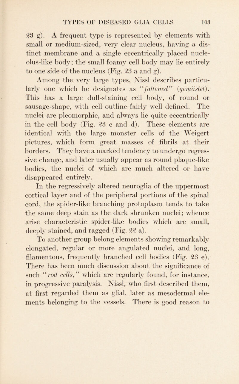 23 g). A frequent type is represented by elements with small or medium-sized, very clear nucleus, having a dis¬ tinct membrane and a single eccentrically placed nucle¬ olus-like body; the small foamy cell body may lie entirely to one side of the nucleus (Fig. 23 a and g). Among the very large types, Nissl describes particu¬ larly one which he designates as “fattened” (cgemdstet). This has a large dull-staining cell body, of round or sausage-shape, with cell outline fairly well defined. The nuclei are pleomorphic, and always lie quite eccentrically in the cell body (Fig. 23 c and d). These elements are identical with the large monster cells of the Weigert pictures, which form great masses of fibrils at their borders. They have a marked tendency to undergo regres¬ sive change, and later usually appear as round plaque-like bodies, the nuclei of which are much altered or have disappeared entirely. In the regressively altered neuroglia of the uppermost cortical layer and of the peripheral portions of the spinal cord, the spider-like branching protoplasm tends to take the same deep stain as the dark shrunken nuclei; whence arise characteristic spider-like bodies which are small, deeply stained, and ragged (Fig. 22 a). To another group belong elements showing remarkably elongated, regular or more angulated nuclei, and long, filamentous, frequently branched cell bodies (Fig. 23 e). There has been much discussion about the significance of such “rod cells,” which are regularly found, for instance, in progressive paralysis. Nissl, who first described them, at first regarded them as glial, later as mesodermal ele¬ ments belonging to the vessels. There is good reason to