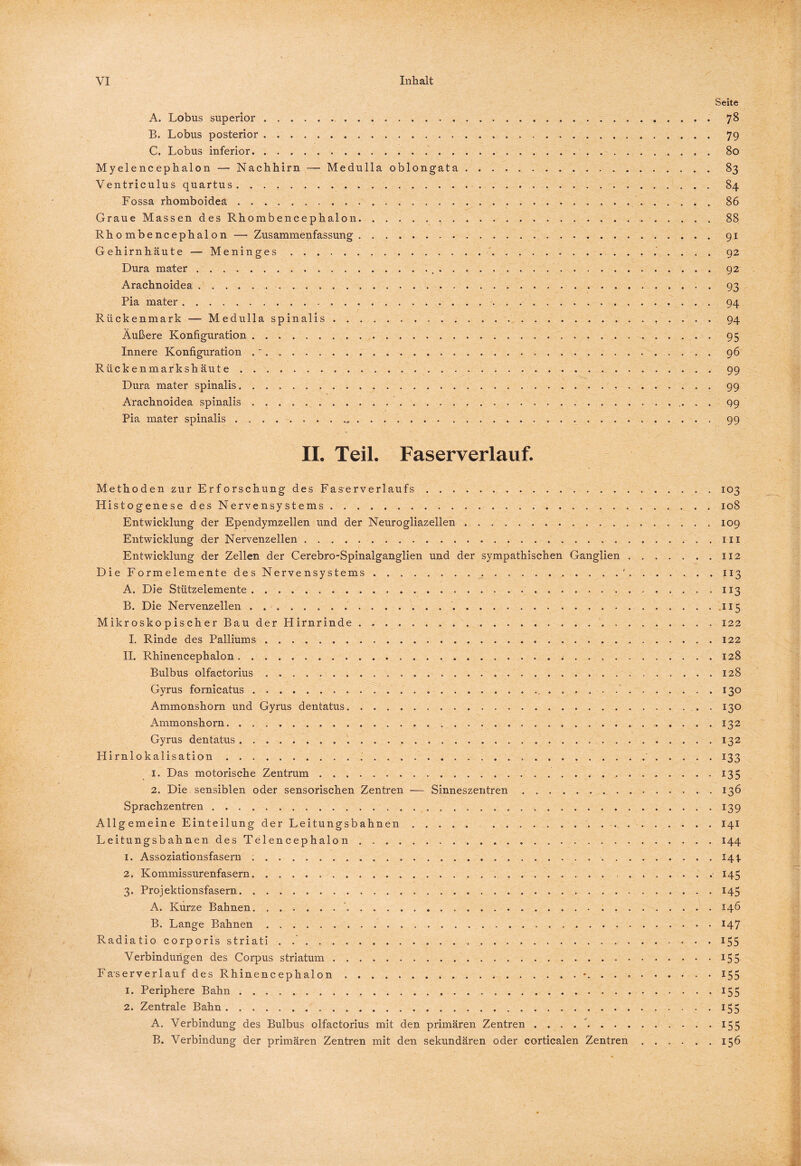 A. Lobus superior.. B. Lobus posterior. C. Lobus inferior., Myeiencephalon — Nachhirn — Medulla oblongata Ventriculus quartus... Fossa rhomboideä .. Graue Massen des Rhombencephalon. Rhombencephalon — Zusammenfassung. .. Gehirnhäute — Meninges. Dura mater.. Arachnoidea.. Pia mater. Rückenmark —- Medulla spinalis.. . Äußere Konfiguration. Innere Konfiguration .. Rückenmarkshäute. Dura mater spinalis. Arachnoidea spinalis.. Pia mater spinalis... II. Teil. Faserverlauf. Methoden zur Erforschung des Faserverlaufs. Histogenese des Nervensystems .. Entwicklung der Ependymzellen und der Neurogliazellen. Entwicklung der Nervenzellen ... Entwicklung der Zellen der Cerebro-Spinalganglien und der sympathischen Ganglien . Die Formelemente des Nervensystems.. . . . .' A. Die Stützelemente.. B. Die Nervenzellen... Mikroskopischer Bau der Hirnrinde . .... I. Rinde des Palliums... II. Rhinencephalon.... Bulbus olfactorius.. Gyrus fornicatus..... Ammonshorn und Gyrus dentatus. Ammonshorn... Gyrus dentatus. Hirnlokalisation..... 1. Das motorische Zentrum . .. 2. Die . sensiblen oder sensorischen Zentren — Sinneszentren. Sprachzentren...... Allgemeine Einteilung der Leitungsbahnen.... . . . Leitungsbahnen des Telencephalon.. 1. Assoziationsfasern ;. 2. Kommissurenfasern.. 3. Projektionsfasern. A. Kurze Bahnen... . B. Lange Bahnen. Radiatio corporis striati.. Verbindungen des Corpus striatum. Faserverlauf des Rhinencephalon.. . . . 1. Periphere Bahn.. 2. Zentrale Bahn. A. Verbindung des Bulbus olfactorius mit den primären Zentren. B. Verbindung der primären Zentren mit den sekundären oder corticalen Zentren Seite 78 79 80 83 84 86 88 91 92 92 93 94 94 95 96 99 99 99 99 . . 103 . . 108 . . 109 . . in . .112 • • 113 • • 113 . . 115 . . 122 . .122 . . 128 . . 128 • • 13° . . 130 • • I32 • • i32 • • 133 • • 135 . . 136 • • 139 . . 141 . . 144 . . 14t • • 145 • • 145 . . 146 . . 147 • • 155 • • 155 • • 155 • • 155 • • 155 • • 155 • • I56