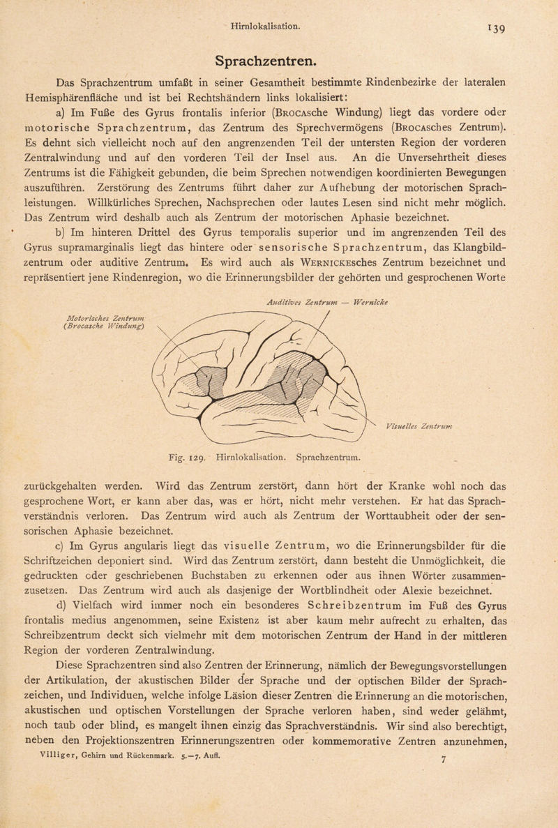 Sprachzentren. Das Sprachzentrum umfaßt in seiner Gesamtheit bestimmte Rindenbezirke der lateralen Hemisphärenfläche und ist bei Rechtshändern links lokalisiert: a) Im Fuße des Gyrus frontalis inferior (BROCAsche Windung) liegt das vordere oder motorische Sprachzentrum, das Zentrum des Sprechvermögens (BROCASches Zentrum). Es dehnt sich vielleicht noch auf den angrenzenden Teil der untersten Region der vorderen Zentralwindung und auf den vorderen Teil der Insel aus. An die Unversehrtheit dieses Zentrums ist die Fähigkeit gebunden, die beim Sprechen notwendigen koordinierten Bewegungen auszuführen. Zerstörung des Zentrums führt daher zur Aufhebung der motorischen Sprach- leistungen. Willkürliches Sprechen, Nachsprechen oder lautes Lesen sind nicht mehr möglich. Das Zentrum wird deshalb auch als Zentrum der motorischen Aphasie bezeichnet. b) Im hinteren Drittel des Gyrus temporalis superior und im angrenzenden Teil des Gyrus supramarginalis liegt das hintere oder sensorische Sprachzentrum, das Klangbild¬ zentrum oder auditive Zentrum, Es wird auch als WERNiCKEsches Zentrum bezeichnet und repräsentiert jene Rindenregion, wo die Erinnerungsbilder der gehörten und gesprochenen Worte Auditives Zentrum — Wernicke Motorisches Zentrum (Brocasche Windung) Visuelles Zentrum zurückgehalten werden. Wird das Zentrum zerstört, dann hört der Kranke wohl noch das gesprochene Wort, er kann aber das, was er hört, nicht mehr verstehen. Er hat das Sprach¬ verständnis verloren. Das Zentrum wird auch als Zentrum der Worttaubheit oder der sen¬ sorischen Aphasie bezeichnet. c) Im Gyrus angularis liegt das visuelle Zentrum, wo die Erinnerungsbilder für die Schriftzeichen deponiert sind. Wird das Zentrum zerstört, dann besteht die Unmöglichkeit, die gedruckten oder geschriebenen Buchstaben zu erkennen oder aus ihnen Wörter zusammen¬ zusetzen. Das Zentrum wird auch als dasjenige der Wortblindheit oder Alexie bezeichnet. d) Vielfach wird immer noch ein besonderes Schreibzentrum im Fuß des Gyrus frontalis medius angenommen, seine Existenz ist aber kaum mehr aufrecht zu erhalten, das Schreibzentrum deckt sich vielmehr mit dem motorischen Zentrum der Hand in der mittleren Region der vorderen Zentralwindung. Diese Sprachzentren sind also Zentren der Erinnerung, nämlich der Bewegungsvorstellungen der Artikulation, der akustischen Bilder der Sprache und der optischen Bilder der Sprach- zeichen, und Individuen, welche infolge Läsion dieser Zentren die Erinnerung an die motorischen, akustischen und optischen Vorstellungen der Sprache verloren haben, sind weder gelähmt, noch taub oder blind, es mangelt ihnen einzig das Sprachverständnis. Wir sind also berechtigt, neben den Projektionszentren Erinnerungszentren oder kommemorative Zentren anzunehmen, Villiger, Gehirn und Rückenmark. 5.—7. Aufl. 7