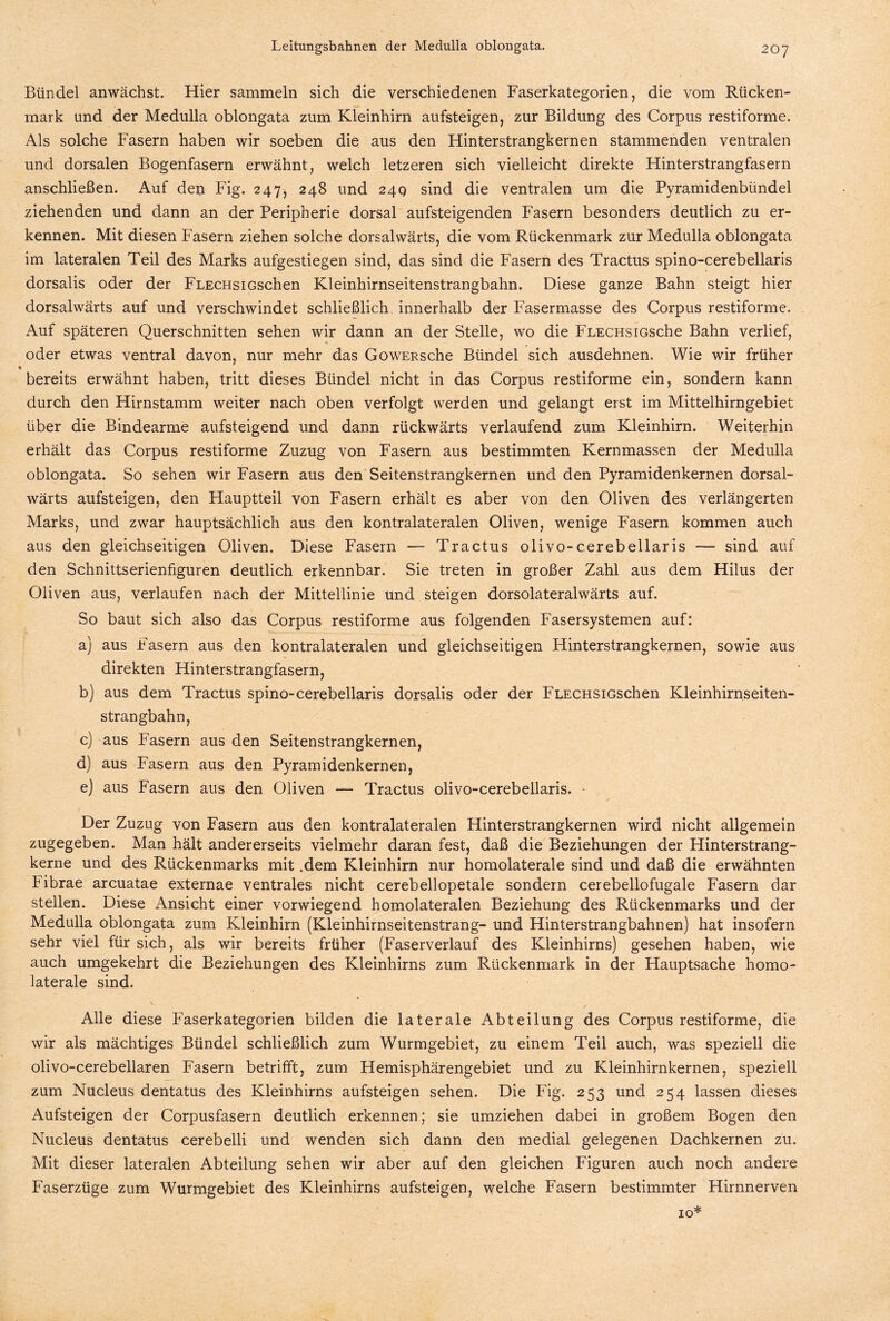 Bündel anwächst. Hier sammeln sich die verschiedenen Faserkategorien, die vom Rücken¬ mark und der Medulla oblongata zum Kleinhirn aufsteigen, zur Bildung des Corpus restiforme. Als solche Fasern haben wir soeben die aus den Hinterstrangkernen stammenden ventralen und dorsalen Bogenfasern erwähnt, welch letzeren sich vielleicht direkte Hinterstrangfasern anschließen. Auf den Fig. 247, 248 und 24g sind die ventralen um die Pyramidenbündel ziehenden und dann an der Peripherie dorsal aufsteigenden Fasern besonders deutlich zu er¬ kennen. Mit diesen Fasern ziehen solche dorsalwärts, die vom Rückenmark zur Medulla oblongata im lateralen Teil des Marks aufgestiegen sind, das sind die Fasern des Tractus spino-cerebellaris dorsalis oder der FLECHsiGschen Kleinhirnseitenstrangbahn. Diese ganze Bahn steigt hier dorsalwärts auf und verschwindet schließlich innerhalb der Fasermasse des Corpus restiforme. Auf späteren Querschnitten sehen wir dann an der Stelle, wo die FLECHSiGsche Bahn verlief, oder etwas ventral davon, nur mehr das GowERsche Bündel sich ausdehnen. Wie wir früher ♦ bereits erwähnt haben, tritt dieses Bündel nicht in das Corpus restiforme ein, sondern kann durch den Hirnstamm weiter nach oben verfolgt werden und gelangt erst im Mittelhirngebiet über die Bindearme aufsteigend und dann rückwärts verlaufend zum Kleinhirn. Weiterhin erhält das Corpus restiforme Zuzug von Fasern aus bestimmten Kernmassen der Medulla oblongata. So sehen wir Fasern aus den Seitenstrangkernen und den Pyramidenkernen dorsal¬ wärts aufsteigen, den Hauptteil von Fasern erhält es aber von den Oliven des verlängerten Marks, und zwar hauptsächlich aus den kontralateralen Oliven, wenige Fasern kommen auch aus den gleichseitigen Oliven. Diese Fasern — Tractus olivo-cerebellaris — sind auf den Schnittserienfiguren deutlich erkennbar. Sie treten in großer Zahl aus dem Hilus der Oliven aus, verlaufen nach der Mittellinie und steigen dorsolateralwärts auf. So baut sich also das Corpus restiforme aus folgenden Fasersystemen auf: a) aus Fasern aus den kontralateralen und gleichseitigen Hinterstrangkernen, sowie aus direkten Hinterstrangfasern, b) aus dem Tractus spino-cerebellaris dorsalis oder der FLECHsiGschen Kleinhirnseiten- strangbahn, c) aus Fasern aus den Seitenstrangkernen, d) aus Fasern aus den Pyramidenkernen, e) aus Fasern aus den Oliven — Tractus olivo-cerebellaris. • Der Zuzug von Fasern aus den kontralateralen Hinterstrangkernen wird nicht allgemein zugegeben. Man hält andererseits vielmehr daran fest, daß die Beziehungen der Hinterstrang¬ kerne und des Rückenmarks mit .dem Kleinhirn nur homolaterale sind und daß die erwähnten Fibrae arcuatae externae ventrales nicht cerebellopetale sondern cerebellofugale Fasern dar stellen. Diese Ansicht einer vorwiegend homolateralen Beziehung des Rückenmarks und der Medulla oblongata zum Kleinhirn (Kleinhirnseitenstrang- und Hinterstrangbahnen) hat insofern sehr viel für sich, als wir bereits früher (Faserverlauf des Kleinhirns) gesehen haben, wie auch umgekehrt die Beziehungen des Kleinhirns zum Rückenmark in der Hauptsache homo¬ laterale sind. Alle diese Faserkategorien bilden die laterale Abteilung des Corpus restiforme, die wir als mächtiges Bündel schließlich zum Wurmgebiet, zu einem Teil auch, was speziell die olivo-cerebellaren Fasern betrifft, zum Hemisphärengebiet und zu Kleinhirnkernen, speziell zum Nucleus dentatus des Kleinhirns aufsteigen sehen. Die Fig. 253 und 254 lassen dieses Aufsteigen der Corpusfasern deutlich erkennen; sie umziehen dabei in großem Bogen den Nucleus dentatus cerebelli und wenden sich dann den medial gelegenen Dachkernen zu. Mit dieser lateralen Abteilung sehen wir aber auf den gleichen Figuren auch noch andere Faserzüge zum Wurmgebiet des Kleinhirns aufsteigen, welche Fasern bestimmter Hirnnerven 10*