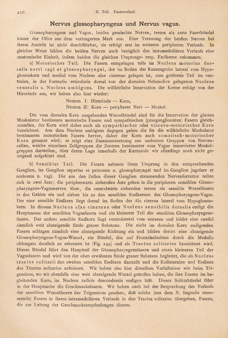 Nervus glossopharyngeus und Nervus vagus. Glossopharyngeus und Vagus, beides gemischte Nerven, treten als zarte Faserbündel hinter der Olive aus dem verlängerten Mark aus. Eine Trennung der beiden Nerven bei ihrem Austritt ist nicht durchführbar, sie erfolgt erst im weiteren peripheren Verlaufe. In gleicher Weise bilden die beiden Nerven auch bezüglich des intramedullären Verlaufs eine anatomische Einheit, indem beiden die gleichen Ursprungs- resp. Endkerne zukommen. a) Motorischer Teil. Die Fasern entspringen teils im Nucleus motorius dor- salis nervi vagi et glossopharyngei, der im Boden der Rautengrube lateral vom Hypo- 0 glossuskern und medial vom Nucleus alae cinereae gelegen ist, zum größeren Teil im ven¬ tralen, in der Formatio reticularis dorsal von der dorsalen Nebenolive gelegenen Nucleus ventralis s. Nucleus ambiguus. Die willkürliche Innervation der Kerne erfolgt von der Hirnrinde aus, wir haben also hier wieder: Neuron I: Hirnrinde — Kern, Neuron II: Kern — peripherer Nerv — Muskel. Die vom dorsalen Kern ausgehenden Wurzelbündel sind für die Innervation der glatten Muskulatur bestimmte motorische Fasern und sympathischen (praeganglionären) Fasern gleich¬ zustellen, der Kern wird daher auch als sympathischer oder viscero-motorischer Kern bezeichnet. Aus dem Nucleus ambiguus dagegen gehen die für die willkürliche Muskulatur bestimmten motorischen Fasern hervor, daher der Kern auch somatisch-motorischer Kern genannt wird; er zeigt eine Zusammensetzung aus mehreren Gruppen von Nerven¬ zellen, welche einzelnen Zellgruppen die Zentren bestimmter vom Vagus innervierter Muskel¬ gruppen darstellen, über deren Lage innerhalb der Kernsäule wir allerdings noch nicht ge¬ nügend aufgeklärt sind. b) Sensibler Teil. Die Fasern nehmen ihren Ursprung in den entsprechenden Ganglien, im Ganglion superius et petrosum n. glossopharyngei und im Ganglion jugulare et nodosum n. vagi. Die aus den Zellen dieser Ganglien stammenden Nervenfortsätze teilen sich in zwei Äste; die peripherwärts ziehenden Äste gehen in die peripheren sensiblen Glosso- pharyngeus-Vagusnerven über, die zentralwärts ziehenden treten als sensible Wurzelfasern in das Gehirn ein und ziehen bis zu den sensiblen Endkernen des Glossopharyngeus-Vagus. Der eine sensible Endkern liegt dorsal im Boden der Ala cinerea lateral vom Hypoglossus- kern. In diesem Nucleus alae cinereae oder Nucleus sensibilis dorsalis endigt die Hauptmasse der sensiblen Vagusfasern und ein kleinerer Teil der sensiblen Glossopharyngeus- fasern. Der andere sensible Endkern liegt ventrolateral vom ersteren und bildet eine caudal ziemlich weit absteigende Säule grauer Substanz. Die nicht im dorsalen Kern endigenden Fasern schlagen nämlich eine absteigende Richtung ein und bilden derart eine absteigende Glossopharyngeus-Vagus-Wurzel, ein Bündel, das auf Frontalschnitten durch die Medulla oblongata deutlich zu erkennen ist (Fig. 249) und als Tractus solitarius bezeichnet wird. Dieses Bündel führt den Hauptteil der Glossopharyngeusfasern und einen kleineren Teil der Vagusfasern und wird von der oben erwähnten Säule grauer Substanz begleitet, die als Nucleus tractus solitarii den zweiten sensiblen Endkern darstellt und die Kollateralen und Endäste des Tractus solitarius aufnimmt. Wir haben also hier dieselben Verhältnisse wie beim Tri¬ geminus, wo wir ebenfalls eine weit absteigende Wurzel getroffen haben, die ihre Fasern im be¬ gleitenden Kern, im Nucleus radicis descendentis endigen läßt. Dieses Solitärbündel führt in der Hauptsache die Geschmacksfasern. Wir haben auch bei der Besprechung des Verlaufs der sensiblen Wurzelfasern des Trigeminus gesehen, daß solche (aus dem N. lingualis stam¬ mende) Fasern in ihrem intramedullären Verlaufe in den Tractus solitarius übergehen, Fasern, die zur Leitung der Geschmacksempfindungen dienen.