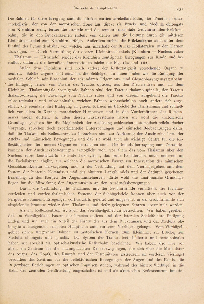 Die Bahnen für diese Erregung sind die direkte cortico-cerebellare Bahn, der Tractus cortico- cerebellaris, der von der motorischen Zone aus direkt via Brücke und Medulla oblongata zum Kleinhirn zieht, ferner die frontale und die temporo-occipitale Großhirnrinden-Brücken- bahn, die in den Brückenkernen enden, von denen aus die Leitung durch die mittleren Kleinhirnschenkel zum Kleinhirn erfolgt. Außerdem stehen die Brückenkerne auch unter dem Einfluß der Pyramidenbahn, von welcher aus innerhalb der Brücke Kollateralen zu den Kernen abzweigen. — Durch Vermittlung des oberen Kleinhirnschenkels (Kleinhirn — Nucleus ruber — Thalamus — Hirnrinde) sendet das Kleinhirn zentripetale Erregungen zur Rinde und be¬ einflußt dadurch die bewußten Innervationen (siehe die Fig. 160 und 162). Außer dem Kleinhirn sind noch andere der Reflextätigkeit vorstehende Organe zu nennen. Solche Organe sind zunächst die Sehhügel. In ihnen finden wir die Endigung der medialen Schleife mit Einschluß der sekundären Trigeminus- und Glossopharyngeusvagusbahn, * die Endigung ferner von Fasern des Tractus opticus, aus den Riechzentren und aus dem Kleinhirn. Thalamofugale absteigende Bahnen sind der Tractus thalamo-spinalis, der Tractus thalamo-olivaris, die Faserzüge zum Nucleus ruber und von diesem ausgehend die Tractus rubro-reticularis und rubro-spinalis, welchen Bahnen wahrscheinlich noch andere sich zuge¬ sellen, die ebenfalls ihre Endigung in grauen Kernen im Bereiche des Hirnstamms und schließ¬ lich vor allem in Kernen motorischer Hirnnerven und in den Vorderhörnern des Rücken¬ marks finden dürften. In allen diesen Fasersystemen haben wir wohl die anatomische Grundlage gegeben für die Möglichkeit der Auslösung zahlreicher automatisch-reflektorischer Vorgänge, sprechen doch experimentelle Untersuchungen und klinische Beobachtungen dafür, daß die Thalami als Reflexzentra zu betrachten sind zur Auslösung der Ausdrucks- bzw. der Affekt- und mimischen Bewegungen und daß sie wohl auch als wichtige Centra für die Re¬ flextätigkeiten der inneren Organe zu betrachten sind. Die Impulsübertragung zum Zustande¬ kommen der Ausdrucksbewegungen ermöglicht wohl vor allem das vom Thalamus über den Nucleus ruber kaudalwärts ziehende Fasersystem, das seine Kollateralen unter anderem an die Facialiskerne abgibt, aus welchen die motorischen Fasern zur Innervation der mimischen Gesichtsmuskulatur hervorgehen, und in der Verbindung mit dem Vierhügelgebiet und dem System der hinteren Kommissur und des hinteren Längsbündels und der dadurch gegebenen Beziehung zu den Kernen der Augenmuskelnerven dürfte wohl die anatomische Grundlage liegen für die Mitwirkung der Augenmuskeln an den Ausdrucksbewegungen. Durch die Verbindung des Thalamus mit der Großhirnrinde vermittelst der thalamo- corticalen und cortico-thalamischen Systeme der Sehhügelstiele können aber auch von der Peripherie kommend Erregungen corticalwärts geleitet und umgekehrt in der Großhirnrinde sich abspielende Prozesse wieder dem Thalamus und tiefer gelegenen Zentren übermittelt werden. Als ein Reflexcentrum ist auch das Vierhügelgebiet zu betrachten. Wir haben gesehen, daß im Vierhügeldach Fasern des Tractus opticus und der lateralen Schleife ihre Endigung finden und wie auch ein Anteil der Fasern der aus dem Rückenmark und der Medulla ob¬ longata aufsteigenden sensiblen Hauptbahn zum vorderen Vierhügel gelangt. Vom Vierhügel¬ gebiet ziehen umgekehrt Bahnen zu motorischen Kernen, zum Kleinhirn, zur Brücke, zur Medulla oblongata und spinalis. Das System der Tractus tecto-bulbares und tecto-spinales haben wir speziell als optisch-akustische Reflexbahn bezeichnet. Wir haben also hier vor allem ein Zentrum für die mannigfachsten Reflexbewegungen, die sich über die Muskulatur des Auges, des Kopfs, des Rumpfs und der Extremitäten erstrecken, im vorderen Vierhügel besonders das Zentrum für die reflektorischen Bewegungen der Augen und des Kopfs, die in gewissen Beziehungen zu optischen Impulsen stehen, während der hintere Vierhügel in die Bahn der zentralen Gehörleitung eingeschaltet ist und als akustisches Reflexcentrum funktio-