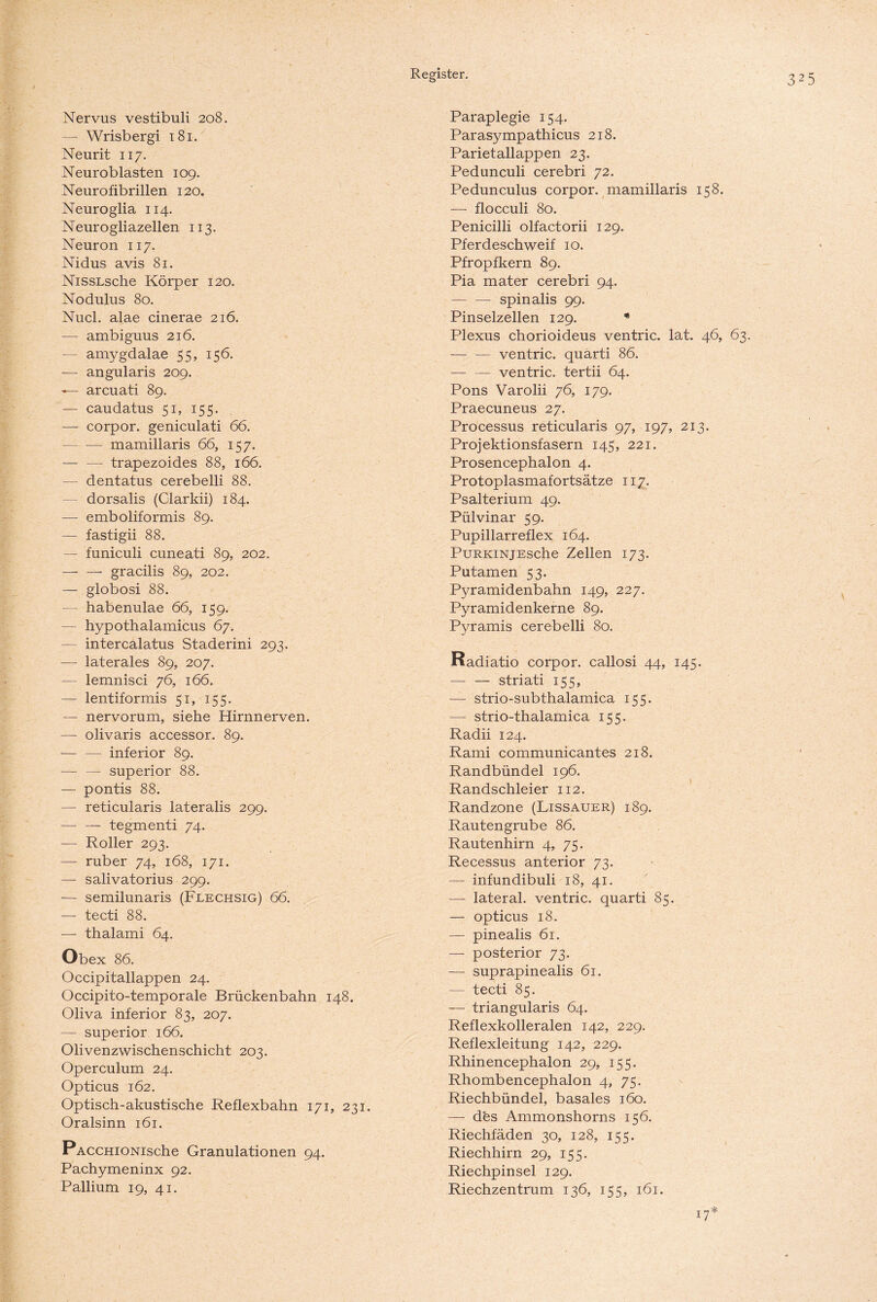 Nervus vestibuli 208. — Wrisbergi 181. Neurit 117. Neuroblasten 109. Neurofibrillen 120. Neuroglia 114. Neurogliazellen 113. Neuron 117. Nidus avis 81. NissLsche Körper 120. Nodulus 80. Nucl. alae cinerae 216. — ambiguus 216. — amygdalae 55, 156. — angularis 209. arcuati 89. — caudatus 51, 155. — corpor. geniculati 66. -mamillaris 66, 157. — — trapezoides 88, 166. — dentatus cerebelli 88. dorsalis (Clarkii) 184. — emboliformis 89. — fastigii 88. — funiculi cuneati 89, 202. — — gracilis 89, 202. — globosi 88. — habenulae 66, 159. — hypothalamicus 67. — intercalatus Staderini 293. — laterales 89, 207. — lemnisci 76, 166. — lentiformis 51, 155. — nervorum, siehe Hirnnerven. — olivaris accessor. 89. — — inferior 89. — — superior 88. — pontis 88. — reticularis lateralis 299. —- — tegmenti 74. — Roller 293. — ruber 74, 168, 171. — salivatorius 299. -— semilunaris (Flechsig) 66. — tecti 88. — thalami 64. Obex 86. Occipitallappen 24. Occipito-temporale Brückenbahn 148. Oliva inferior 83, 207. — superior 166. Olivenzwischenschicht 203. Operculum 24. Opticus 162. Optisch-akustische Reflexbahn 171, 231. Oralsinn 161. PACCHiONische Granulationen 94. Pachymeninx 92. Pallium 19, 41. Paraplegie 154. Parasympathicus 218. Parietallappen 23. Pedunculi cerebri 72. Pedunculus corpor. mamillaris 158. — flocculi 80. Penicilli olfactorii 129. Pferdeschweif 10. Pfropfkern 89. Pia mater cerebri 94. -spinalis 99. Pinselzellen 129. * Plexus chorioideus ventric. lat. 46, 63. — — ventric. quarti 86. — — ventric. tertii 64. Pons Varolii 76, 179. Praecurieus 27. Processus reticularis 97, 197, 213. Projektionsfasern 145, 221. Prosencephalon 4. Protoplasmafortsätze 117. Psalterium 49. Pülvinar 59. Pupillarreflex 164. PuRKiNjEsche Zellen 173. Putamen 53. Pyramidenbahn 149, 227. Pyramidenkerne 89. Pyramis cerebelli 80. Radiatio corpor. callosi 44, 145. — — striati 155, — strio-subthalamica 155. — strio-thalamica 155. Radii 124. Rami communicantes 218. Randbündel 196. Randschleier 112. Randzone (Lissauer) 189. Rautengrube 86. Rautenhirn 4, 75. Recessus anterior 73. — infundibuli 18, 41. — lateral, ventric. quarti 85. — opticus 18. — pinealis 61. — posterior 73. — suprapinealis 61. — tecti 85. — triangularis 64. Reflexkolleralen 142, 229. Reflexleitung 142, 229. Rhinencephalon 29, 155. Rhombencephalon 4, 75. Riechbündel, basales 160. — d'es Ammonshorns 156. Riechfäden 30, 128, 155. Riechhirn 29, 155. Riechpinsel 129. Riechzentrum 136, 155, 161. 17*