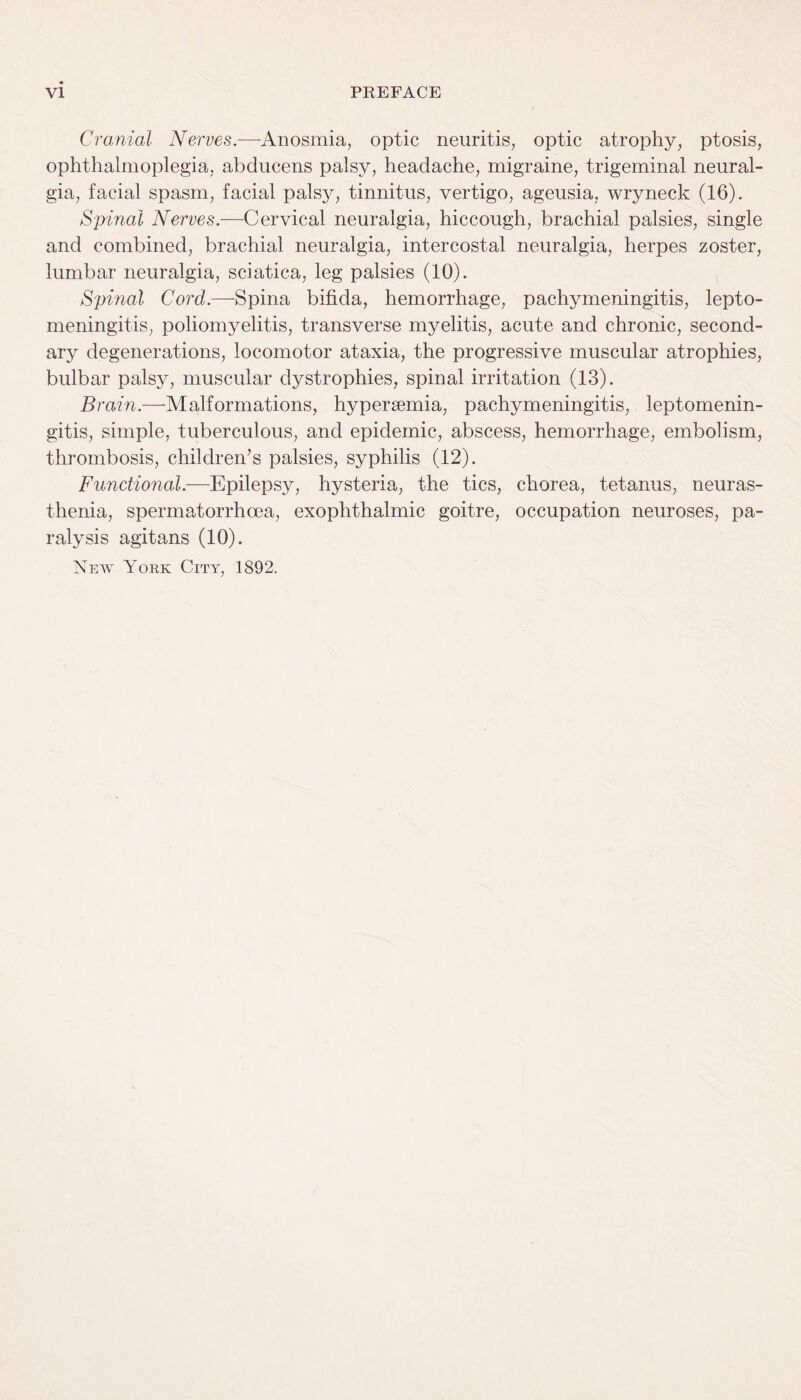 Cranial Nerves.—Anosmia, optic neuritis, optic atrophy, ptosis, ophthalmoplegia, abducens palsy, headache, migraine, trigeminal neural¬ gia, facial spasm, facial palsy, tinnitus, vertigo, ageusia, wryneck (16). Spinal Nerves.—Cervical neuralgia, hiccough, brachial palsies, single and combined, brachial neuralgia, intercostal neuralgia, herpes zoster, lumbar neuralgia, sciatica, leg palsies (10). Spinal Cord.—Spina bifida, hemorrhage, pachymeningitis, lepto¬ meningitis, poliomyelitis, transverse myelitis, acute and chronic, second¬ ary degenerations, locomotor ataxia, the progressive muscular atrophies, bulbar palsy, muscular dystrophies, spinal irritation (13). Brain.—Malformations, hypergemia, pachymeningitis, leptomenin¬ gitis, simple, tuberculous, and epidemic, abscess, hemorrhage, embolism, thrombosis, children’s palsies, syphilis (12). Functional.—Epilepsy, hysteria, the tics, chorea, tetanus, neuras¬ thenia, spermatorrhoea, exophthalmic goitre, occupation neuroses, pa¬ ralysis agitans (10). New York City, 1892.