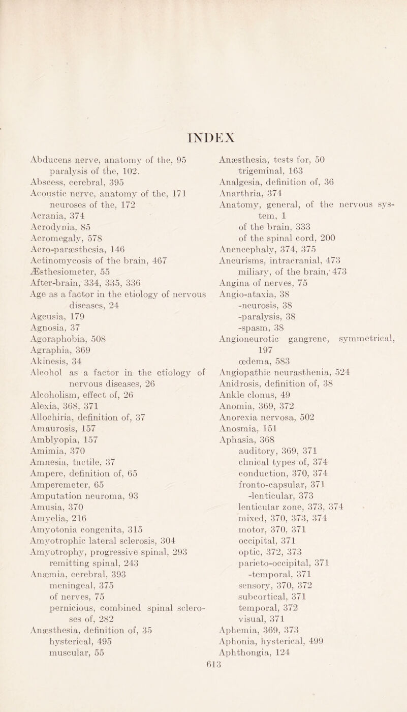 INDEX Abducens nerve, anatomy of the, 95 paralysis of the, 102. Abscess, cerebral, 395 Acoustic nerve, anatomy of the, 171 neuroses of the, 172 Acrania, 374 Acrodynia, 85 Acromegaly, 578 Acro-parsesthesia, 146 Actinomycosis of the brain, 467 dEsthesiometer, 55 After-brain, 334, 335, 336 Age as a factor in the etiology of nervous diseases, 24 Ageusia, 179 Agnosia, 37 Agoraphobia, 508 Agraphia, 369 Akinesis, 34 Alcohol as a factor in the etiology of nervous diseases, 26 Alcoholism, effect of, 26 Alexia, 368, 371 Allochiria, definition of, 37 Amaurosis, 157 Amblyopia, 157 Amimia, 370 Amnesia, tactile, 37 Ampere, definition of, 65 Amperemeter, 65 Amputation neuroma, 93 Amusia, 370 Amyelia, 216 Amyotonia congenita, 315 Amyotrophic lateral sclerosis, 304 Amyotrophy, progressive spinal, 293 remitting spinal, 243 Anaemia, cerebral, 393 meningeal, 375 of nerves, 75 pernicious, combined spinal sclero¬ ses of, 282 Anaesthesia, definition of, 35 hysterical, 495 muscular, 55 Anaesthesia, tests for, 50 trigeminal, 163 Analgesia, definition of, 36 Anarthria, 374 Anatomy, general, of the nervous sys¬ tem, 1 of the brain, 333 of the spinal cord, 200 Anencephaly, 374, 375 Aneurisms, intracranial, 473 miliary, of the brain,'473 Angina of nerves, 75 Angio-ataxia, 38 -neurosis, 38 -paralysis, 38 -spasm, 38 Angioneurotic gangrene, symmetrical, 197 oedema, 583 Angiopathic neurasthenia, 524 Anidrosis, definition of, 38 Ankle clonus, 49 Anomia, 369, 372 Anorexia nervosa, 502 Anosmia, 151 Aphasia, 368 auditory, 369, 371 clinical types of, 374 conduction, 370, 374 fronto-capsular, 371 -lenticular, 373 lenticular zone, 373, 374 mixed, 370, 373, 374 motor, 370, 371 occipital, 371 optic, 372, 373 parieto-occipital, 371 -temporal, 371 sensory, 370, 372 subcortical, 371 temporal, 372 visual, 371 Aphcmia, 369, 373 Aphonia, hysterical, 499 Aphthongia, 124