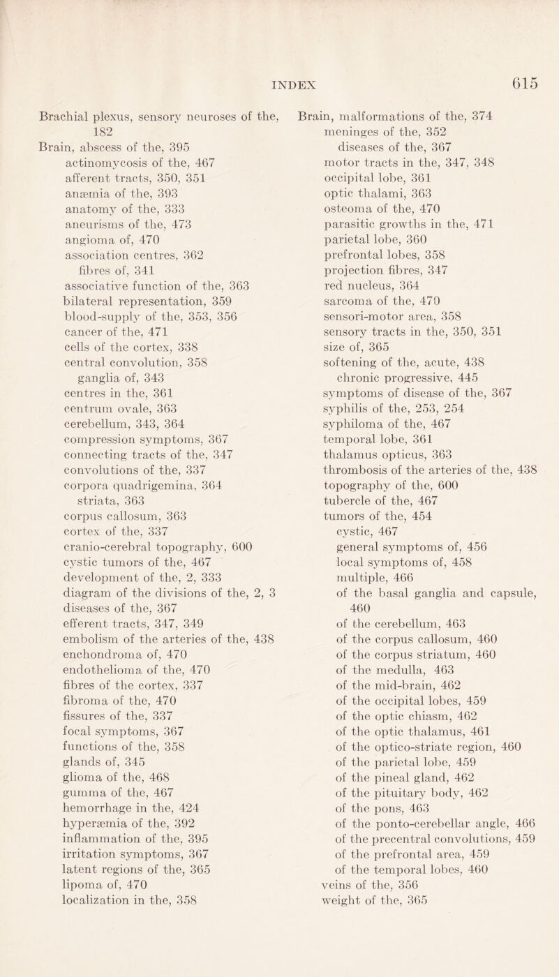 Brachial plexus, sensory neuroses of the, 182 Brain, abscess of the, 395 actinomycosis of the, 467 afferent tracts, 350, 351 anaemia of the, 393 anatomy of the, 333 aneurisms of the, 473 angioma of, 470 association centres, 362 fibres of, 341 associative function of the, 363 bilateral representation, 359 blood-supply of the, 353, 356 cancer of the, 471 cells of the cortex, 338 central convolution, 358 ganglia of, 343 centres in the, 361 centrum ovale, 363 cerebellum, 343, 364 compression symptoms, 367 connecting tracts of the, 347 convolutions of the, 337 corpora quadrigemina, 364 striata, 363 corpus callosum, 363 cortex of the, 337 cranio-cerebral topography, 600 cystic tumors of the, 467 development of the, 2, 333 diagram of the divisions of the, 2, 3 diseases of the, 367 efferent tracts, 347, 349 embolism of the arteries of the, 438 enchondroma of, 470 endothelioma of the, 470 fibres of the cortex, 337 fibroma of the, 470 fissures of the, 337 focal symptoms, 367 functions of the, 358 glands of, 345 glioma of the, 468 gumma of the, 467 hemorrhage in the, 424 hypersemia of the, 392 inflammation of the, 395 irritation symptoms, 367 latent regions of the, 365 lipoma of, 470 localization in the, 358 Brain, malformations of the, 374 meninges of the, 352 diseases of the, 367 motor tracts in the, 347, 348 occipital lobe, 361 optic thalami, 363 osteoma of the, 470 parasitic growths in the, 471 parietal lobe, 360 prefrontal lobes, 358 projection fibres, 347 red nucleus, 364 sarcoma of the, 470 sensori-motor area, 358 sensory tracts in the, 350, 351 size of, 365 softening of the, acute, 438 chronic progressive, 445 symptoms of disease of the, 367 syphilis of the, 253, 254 syphiloma of the, 467 temporal lobe, 361 thalamus opticus, 363 thrombosis of the arteries of the, 438 topography of the, 600 tubercle of the, 467 tumors of the, 454 cystic, 467 general symptoms of, 456 local symptoms of, 458 multiple, 466 of the basal ganglia and capsule, 460 of the cerebellum, 463 of the corpus callosum, 460 of the corpus striatum, 460 of the medulla, 463 of the mid-brain, 462 of the occipital lobes, 459 of the optic chiasm, 462 of the optic thalamus, 461 of the optico-striate region, 460 of the parietal lobe, 459 of the pineal gland, 462 of the pituitary body, 462 of the pons, 463 of the ponto-cerebellar angle, 466 of the precentral convolutions, 459 of the prefrontal area, 459 of the temporal lobes, 460 veins of the, 356 weight of the, 365