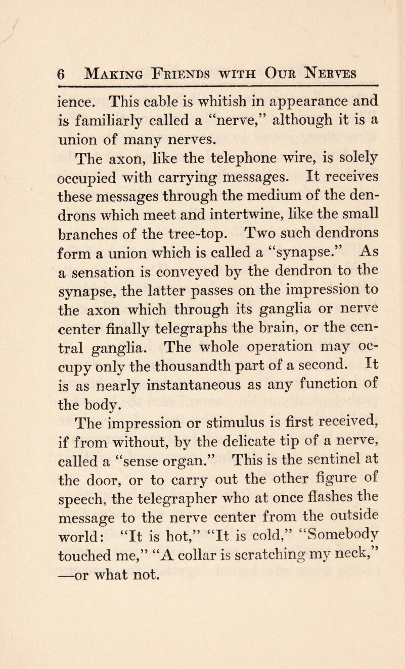 ience. This cable is whitish in appearance and is familiarly called a “nerve,” although it is a union of many nerves. The axon, like the telephone wire, is solely occupied with carrying messages. It receives these messages through the medium of the den- drons which meet and intertwine, like the small branches of the tree-top. Two such dendrons form a union which is called a “synapse.” As a sensation is conveyed by the dendron to the synapse, the latter passes on the impression to the axon which through its ganglia or nerve center finally telegraphs the brain, or the cen¬ tral ganglia. The whole operation may oc¬ cupy only the thousandth part of a second. It is as nearly instantaneous as any function of the body. The impression or stimulus is first received, if from without, by the delicate tip of a nerve, called a “sense organ.” This is the sentinel at the door, or to carry out the other figure of speech, the telegrapher who at once flashes the message to the nerve center from the outside world: “It is hot,” “It is cold,” “Somebody touched me,” “A collar is scratching my neck, —or what not.