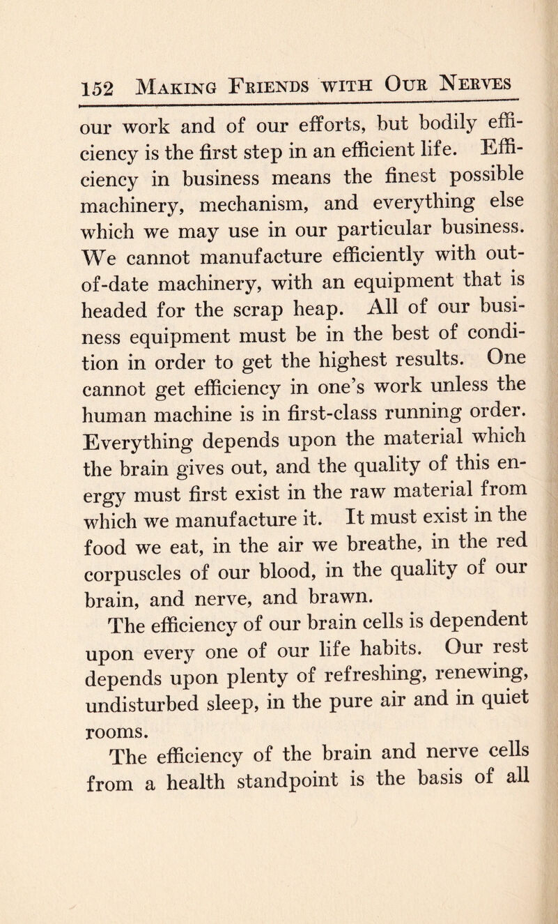our work and of our efforts, but bodily effi¬ ciency is the first step in an efficient life. Effi¬ ciency in business means the finest possible machinery, mechanism, and everything else which we may use in our particular business. We cannot manufacture efficiently with out- of-date machinery, with an equipment that is headed for the scrap heap. All of our busi¬ ness equipment must be in the best of condi¬ tion in order to get the highest results. One cannot get efficiency in one’s work unless the human machine is in first-class running order. Everything depends upon the material which the brain gives out, and the quality of this en¬ ergy must first exist in the raw material from which we manufacture it. It must exist in the food we eat, in the air we breathe, in the red corpuscles of our blood, in the quality of our brain, and nerve, and brawn. The efficiency of our brain cells is dependent upon every one of our life habits. Our rest depends upon plenty of refreshing, renewing, undisturbed sleep, in the pure air and in quiet rooms. The efficiency of the brain and nerve cells from a health standpoint is the basis of all