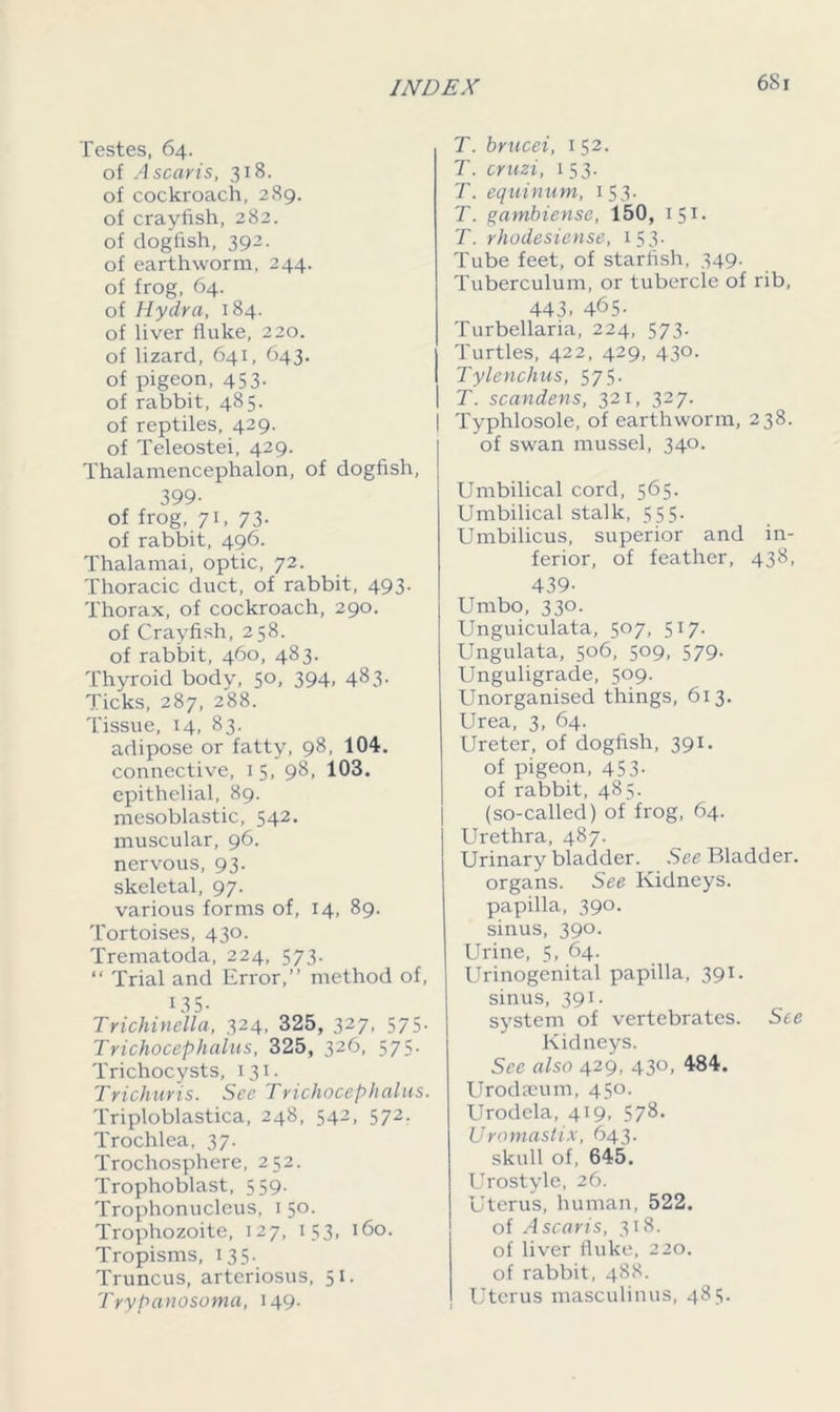 Testes, 64. of Ascaris, 318. of cockroach, 289. of crayfish, 282. of dogfish, 392. of earthworm, 244. of frog, 64. of Hydra, 184. of liver fluke, 220. of lizard, 641, 643. of pigeon, 433. of rabbit, 485. of reptiles, 429. of Teleostei, 429. Thalamencephalon, of dogfish, 399- of frog, 71, 73- of rabbit, 496. Thalamai, optic, 72. Thoracic duct, of rabbit, 493. Thorax, of cockroach, 290. of Crayfish, 258. of rabbit, 460, 483. Thyroid body, 50, 394, 483. Ticks, 287, 288. Tissue, 14, 83. adipose or fatty, 98, 104. connective, 15, 98, 103. epithelial, 89. mesoblastic, 542. muscular, 96. nervous, 93. skeletal, 97. various forms of, 14, 89. Tortoises, 430. Trematoda, 224, 573. “ Trial and Error,” method of, 135- Trichinella, 324, 325, 327, 575. Trichocephalus, 325, 326, 575. Trichocysts, 131. Trichuris. See Trichocephalus. Triploblastica, 248, 542, 572. Trochlea, 37. Trochosphere, 252. Trophoblast, 559. Trophonucleus, 1 50. Trophozoite, 127, 133, 160. Tropisms, 135. Truncus, arteriosus, 51. Trypanosoma, 149. T. brucei, 152. T. cruzi, 153. T. equinum, 153. T. gambiense, 150, 151 • T. rhodesiense, 153. Tube feet, of starfish, 349. Tuberculum, or tubercle of rib, 443. 465- Turbellaria, 224, 573. Turtles, 422, 429, 430. Tylenchus, 575. T. scandens, 321, 327. Typhlosole, of earthworm, 238. of swan mussel, 340. Umbilical cord, 565. Umbilical stalk, 555. Umbilicus, superior and in- ferior, of feather, 438, 439- Umbo, 330. Unguiculata, 507, 517. Ungulata, 506, 509, 579. Unguligrade, 509. Unorganised things, 613. Urea, 3, 64. Ureter, of dogfish, 391. of pigeon, 453. of rabbit, 485. (so-called) of frog, 64. [ Urethra, 487. Urinary bladder. .See Bladder, organs. See Kidneys, papilla, 390. sinus, 390. Urine, 5, 64. Urinogenital papilla, 391. sinus, 391. system of vertebrates. See Kidneys. See also 429, 430, 484. Urodamm, 450. Urodela, 419, 57&- Uromastix, 643- skull of, 645. Urostyle, 26. Uterus, human, 522. of Ascaris, 318. of liver fluke, 220. of rabbit, 488. Uterus masculinus, 485.
